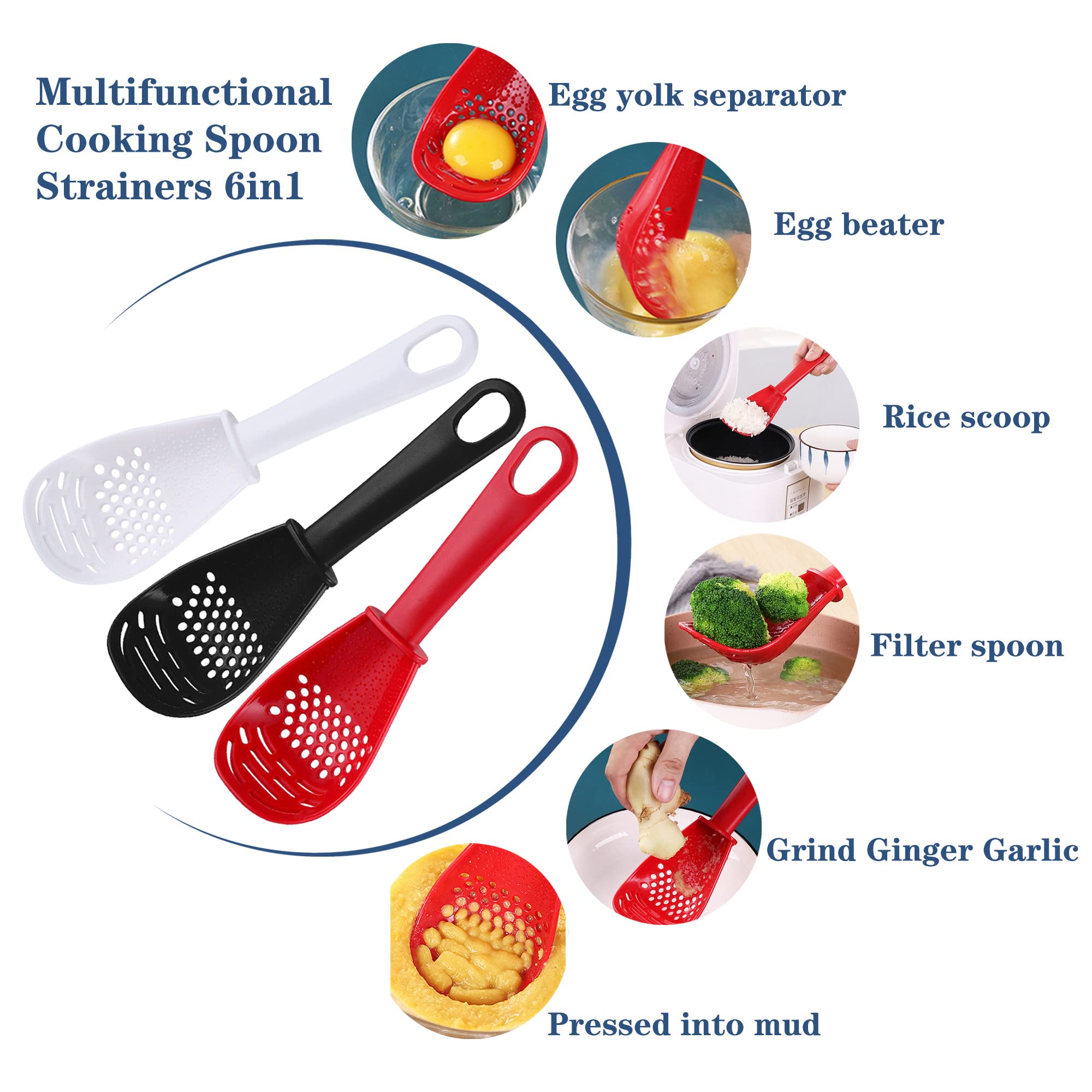 3 Pack Multifunctional Kitchen Cooking Spoon, Muulaii 6 In1 Kitchen Gadgets Strainers For Egg Yolk Separator- Grater Masher- Col