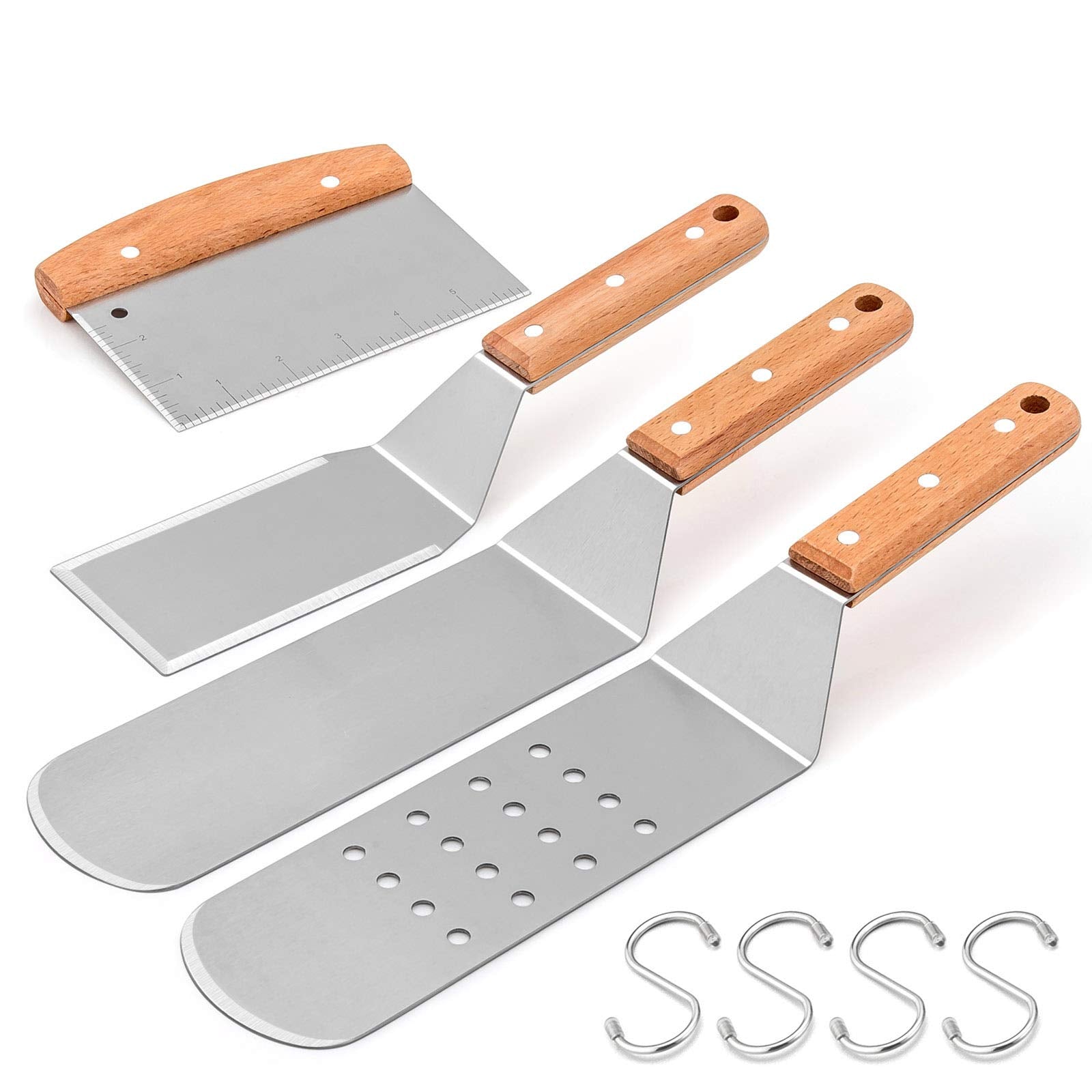 Hasteel Metal Spatula Set Of 4, Stainless Steel Griddle Spatula Tools Set With Wooden Riveted Handle, Professional Griddle Acces