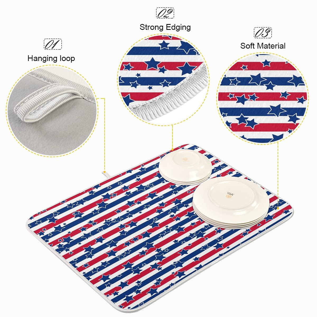 Dish Drying Mat American Stars And Stripes Kitchen Counter Mat Dishes Pad Dish Mats For Drying 4Th Of July, Reversible, Super Ab