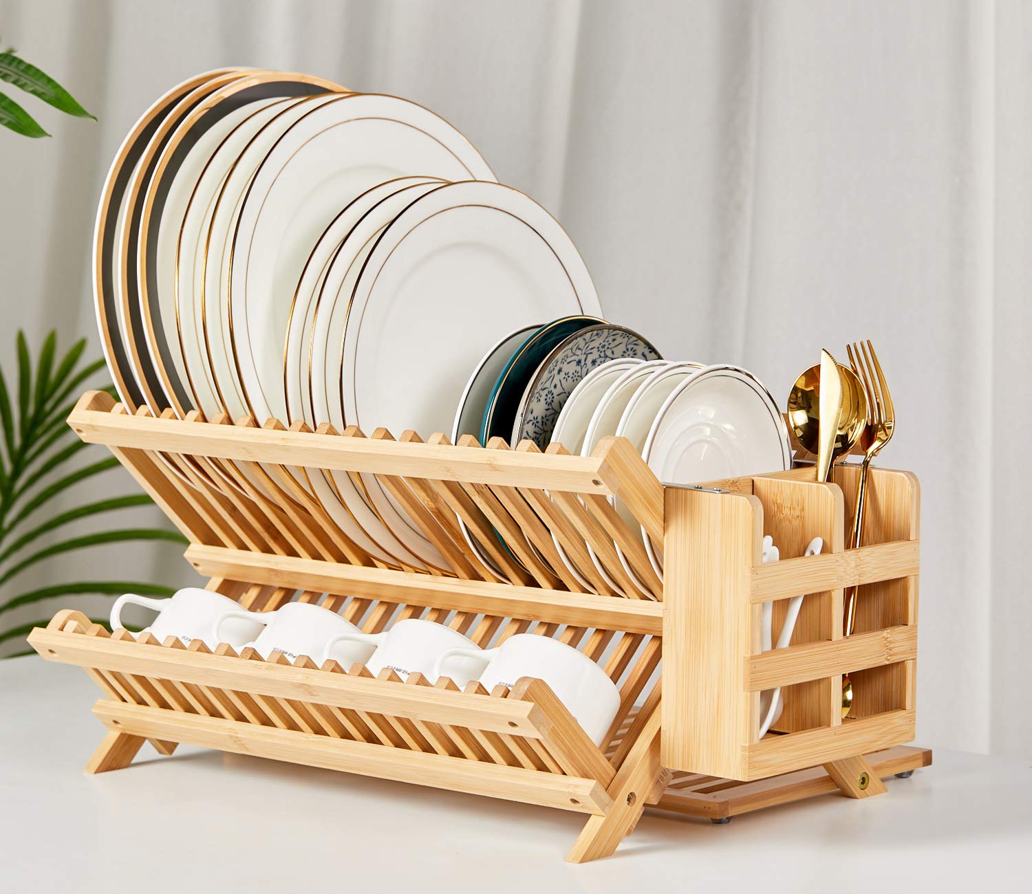 NOVAYEAH Bamboo Dish Drying Rack, 3-Tier Collapsible Utensil Holder, Model DRB01A, Wooden Kitchen Counter Drainer