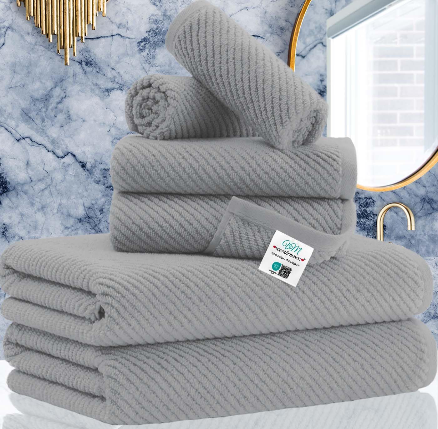Voova & Movas Grey Bathroom Towel Sets - 100% Cotton | Lightweight | Quick Dry | Thick | Soft, 6 Piece Towel Set, 2 Large Bath 3