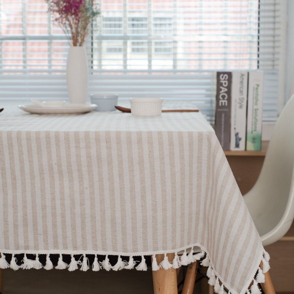 Meioro Table Cloth Beige Striped Tablecloth Tassels Cotton Linen Dust-Proof Table Cover For Dining Coffee Buffet Kitchen Picnic