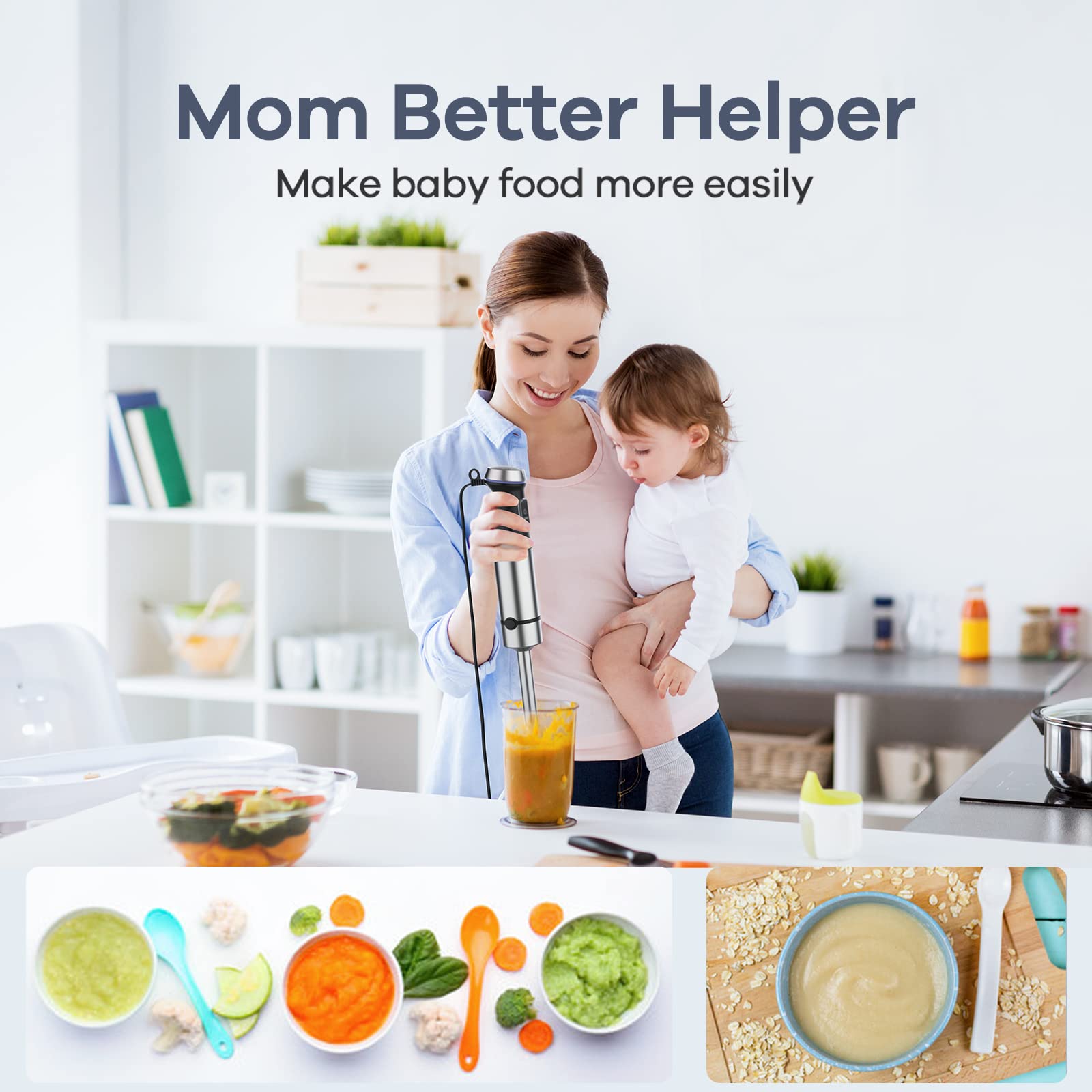 Ganiza Immersion Blender 8 In 1 Hand Blender 800W Heavy Duty Motor, 15 Speed And Turbo Mode Handheld Blender Stainless Steel Sit