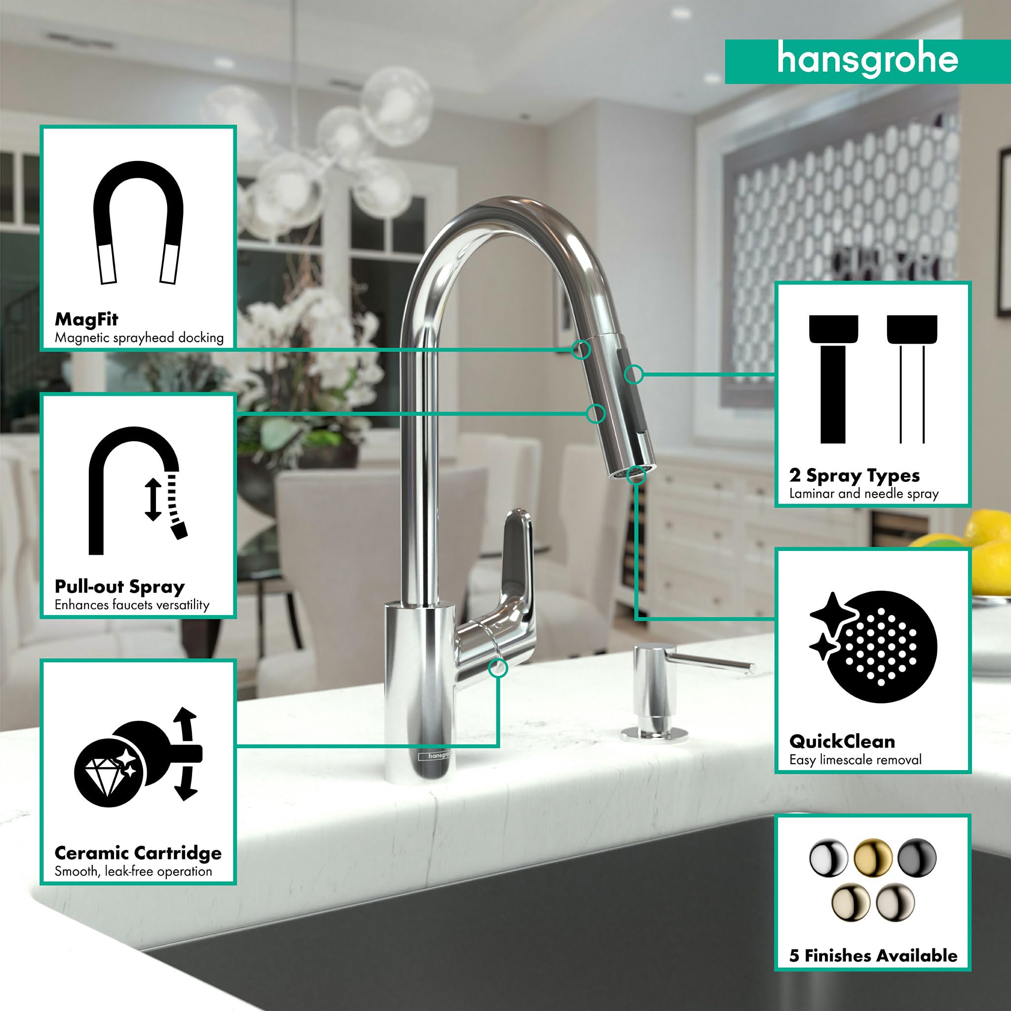 Hansgrohe Focus Chrome High Arc Kitchen Faucet, Kitchen Faucets With Pull Down Sprayer, Faucet For Kitchen Sink, Magnetic Dockin