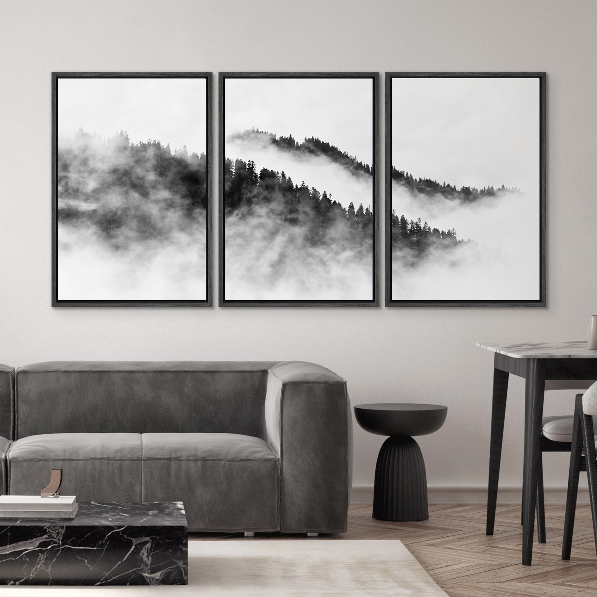 Signwin Framed Canvas Print Wall Art Set Black & White Mountain Forest Valley Nature Wilderness Photography Modern Art Rustic La