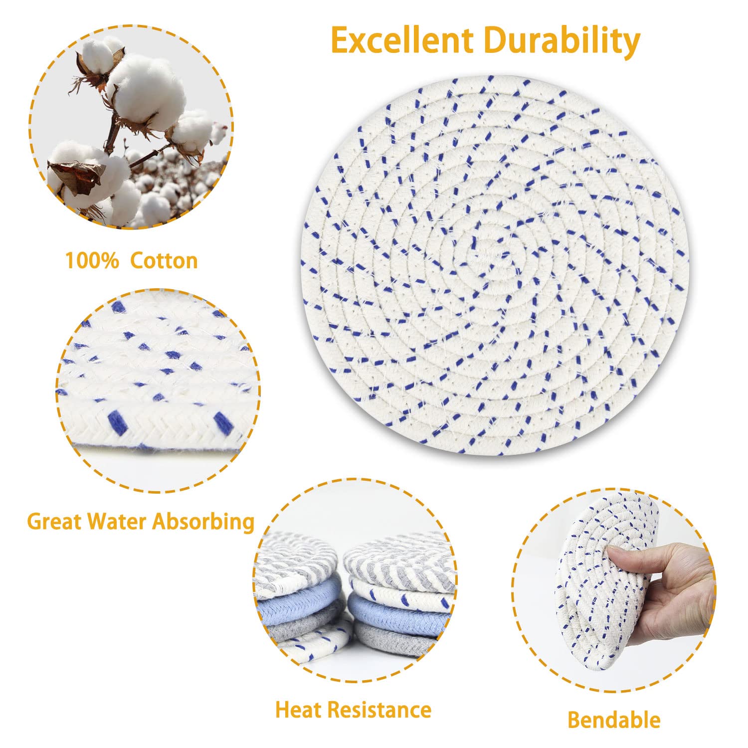 Howeifull 7'' Trivets For Hot Dishes, 4.3'' Woven Drink Coasters, Hot Pots And Pans, Round Heat Resistant 4 Hot Pads With 4 Coas