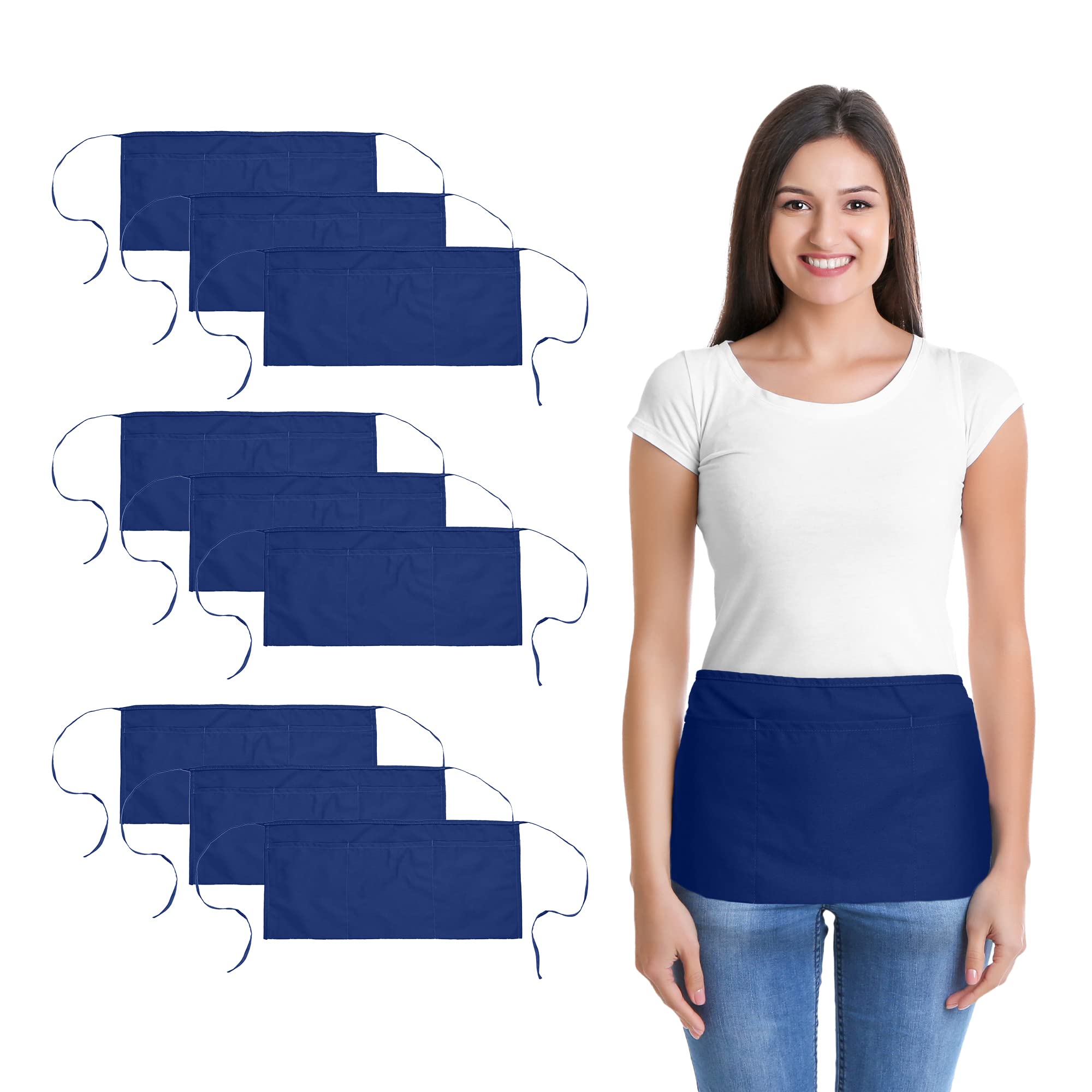 Waist Aprons Commercial Restaurant Home Bib Spun Poly Cotton Kitchen (3 Pockets)In Navy Blue 10 Pack