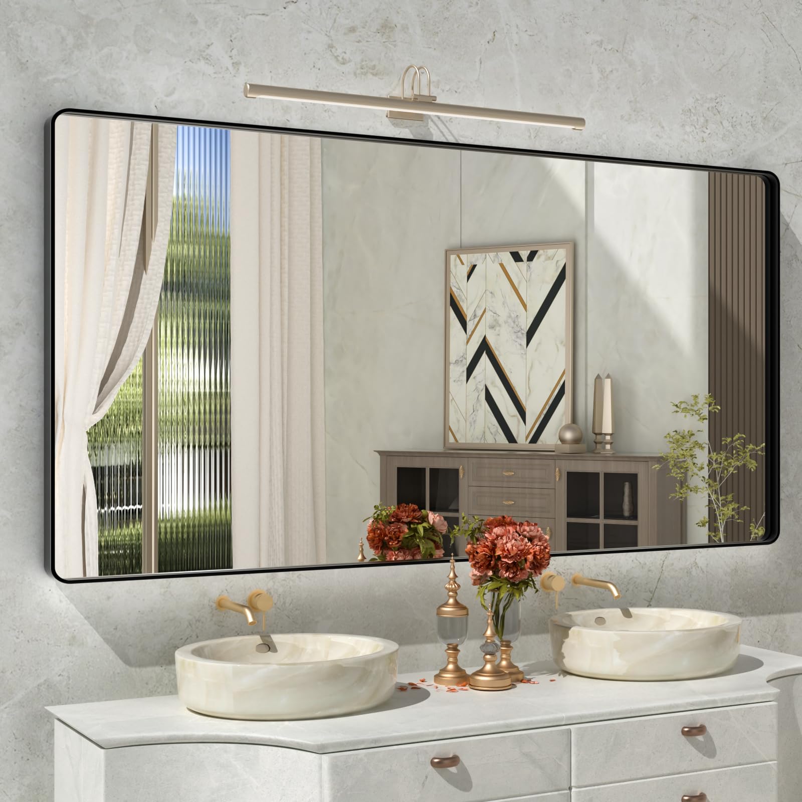 Istripmf 72X36 Inch Black Mirror For Bathroom,Black Metal Frame Vanity Mirror For Wall,Large Rounded Corner Rectangle Matte Blac