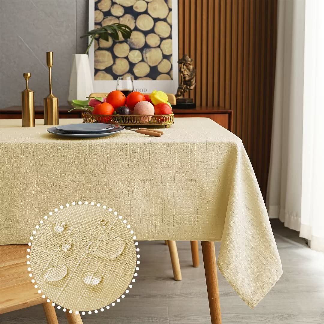 Mikiup Faux Linen Rectangle Tablecloth - Waterproof And Washable Slubby Textured Weaves Table Cloth, Indoor & Outdoor Table Cove