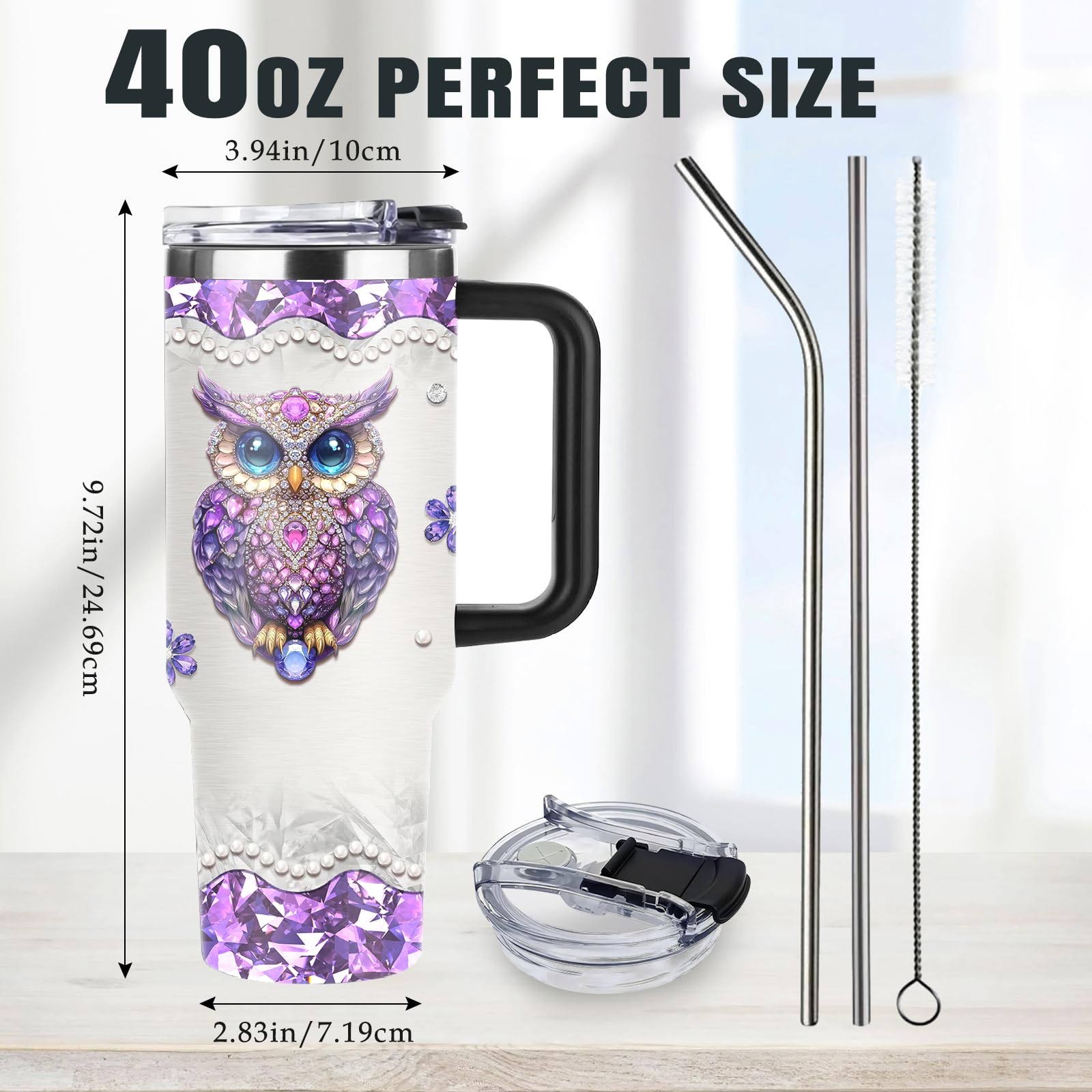 HYMONA Owl Gifts for Women Cups Tumbler with Handle 40oz Unique Stainless Steel Insulated Owl Water Cups, Christmas Birthday Gif