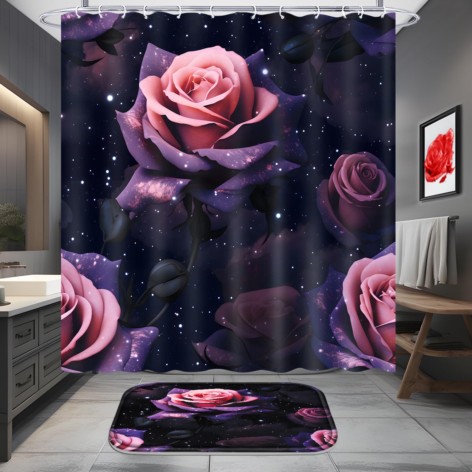 Poedist 4 Pcs Shower Curtain Set, Red Rose Bathroom Set,Romantic Shower Curtain Sets With Rugs(Bath Mat,U Shape And Toilet Lid C