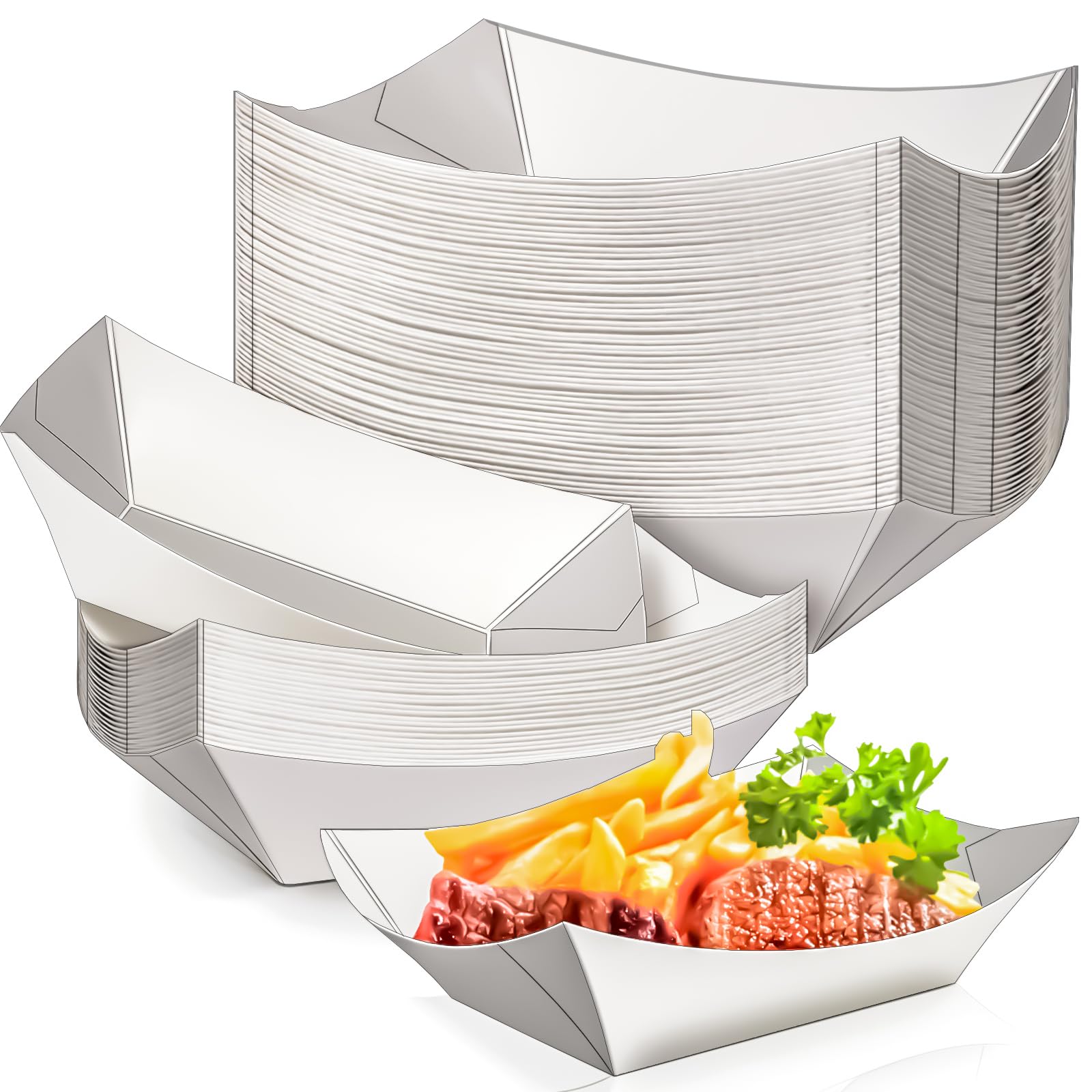 MotBach 50 Pack 2Lb Paper Food Boat Trays Disposable Paper Boat Plate Containers, White Kraft Food Serving Tray Boats Baskets fo