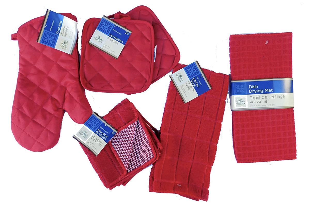 Home Collection Red Kitchen Linen Bundle Package Oven Mitts (2) Pot Holder (2) Kitchen Towel (1) Dish Cloths (2), Dish Drying Ma