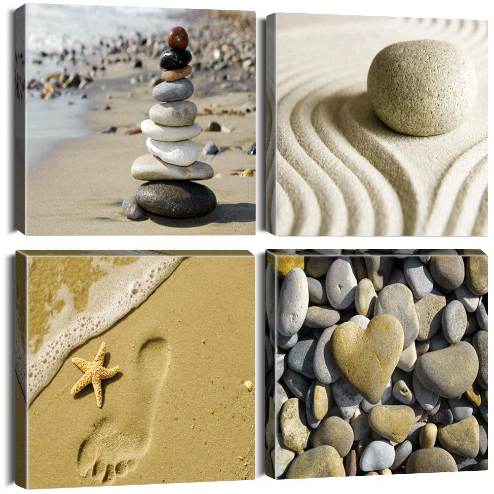 Artscope 4 Pieces Canvas Prints Wall Art - Seaside And Stones Picture Painting- Modern Wall Artwork Framed For Bathroom Home Off