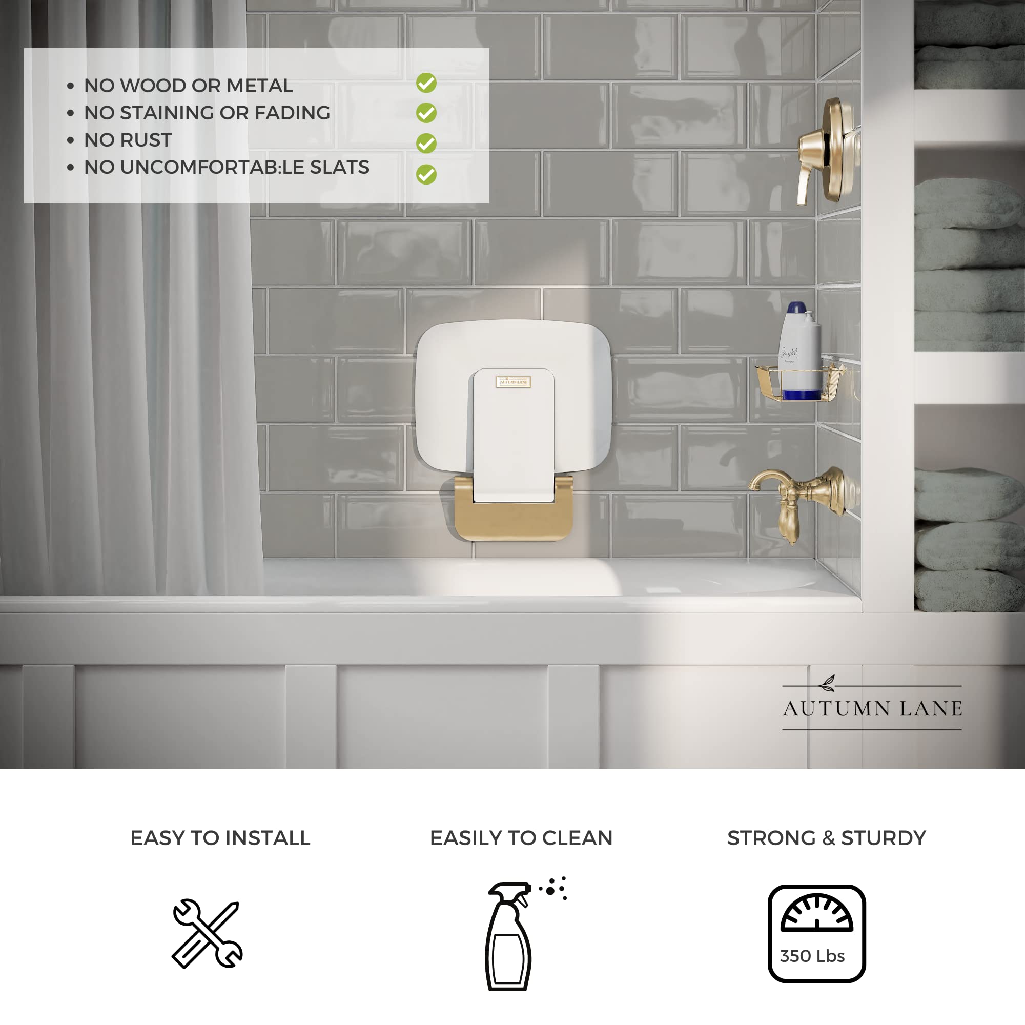 Autumn Lane Folding Shower Seat Wall Mounted- Up To 350Lbs, Secure Folding Shower Bench, Space Saving Mounted Shower Seat, Luxur