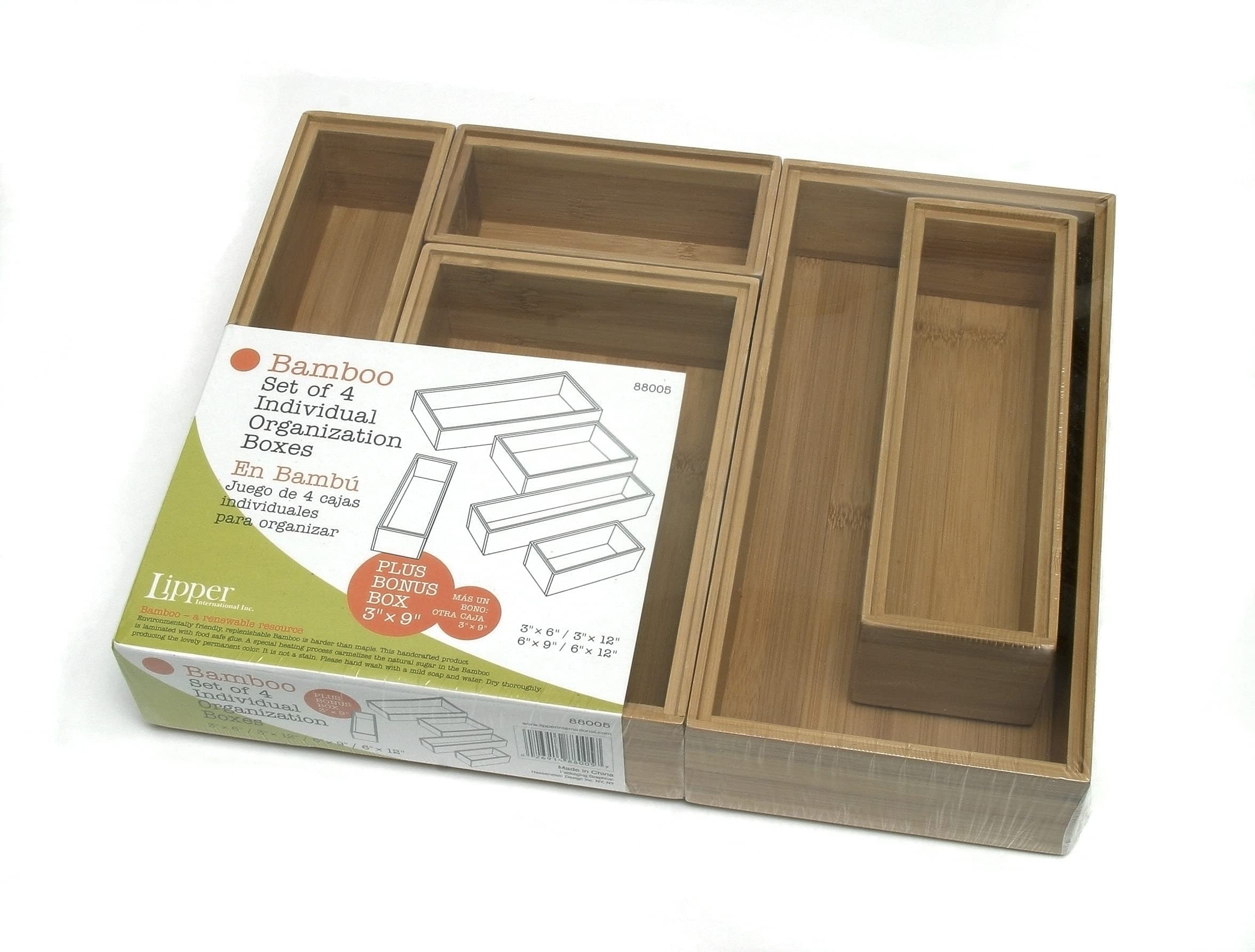 Lipper International 88005 Bamboo Wood Drawer Organizer Boxes, Assorted Sizes, 5-Piece Set