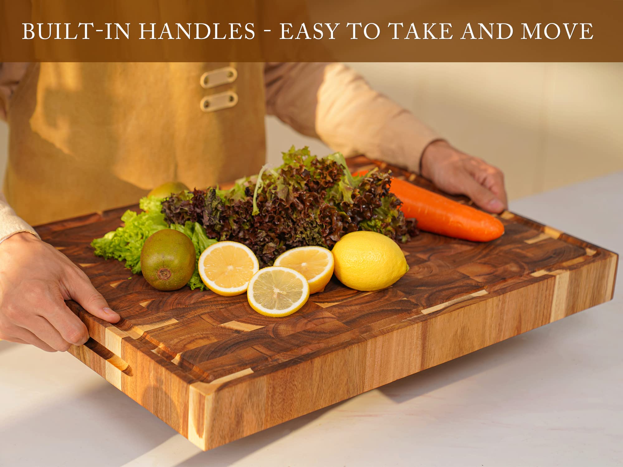 AZRHOM Thick End Grain Acacia Wood Cutting Board 20x15x2 In, Wooden Butcher Block, Chopping Board For Kitchen with Juice Groove