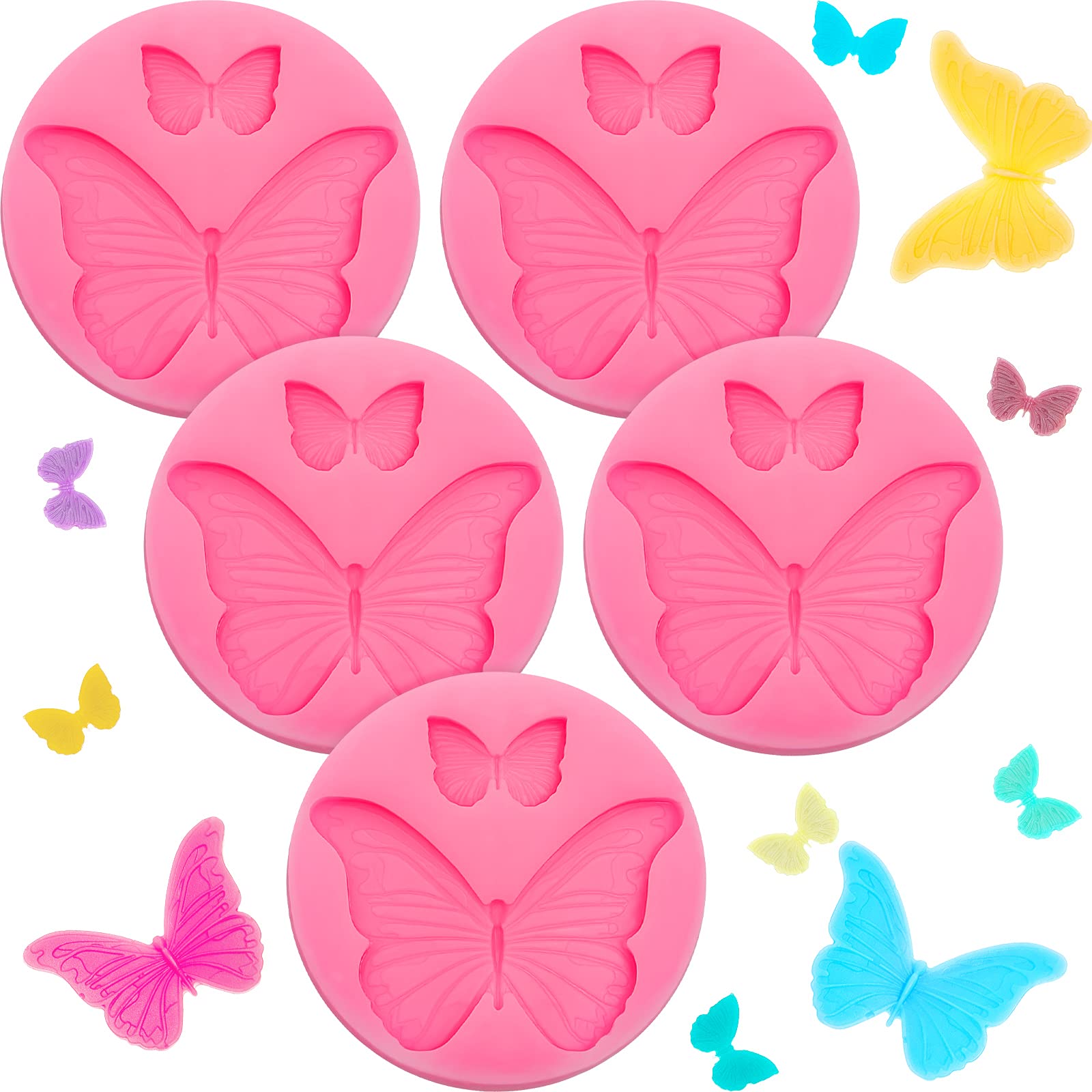 5 Pieces Butterfly Silicone Molds Mini Butterfly Fondant Cake Baking Mold Silicone Butterfly Chocolate Mold Pink Polymer Clay Mo