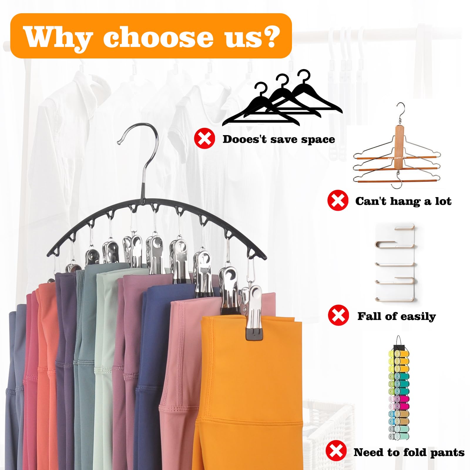 Legging Organizer For Closet, Pants Hangers With Clips Holds 20 Leggings, 2 Pack Metal Yoga Pants Hangers With Rubber Coated Cli