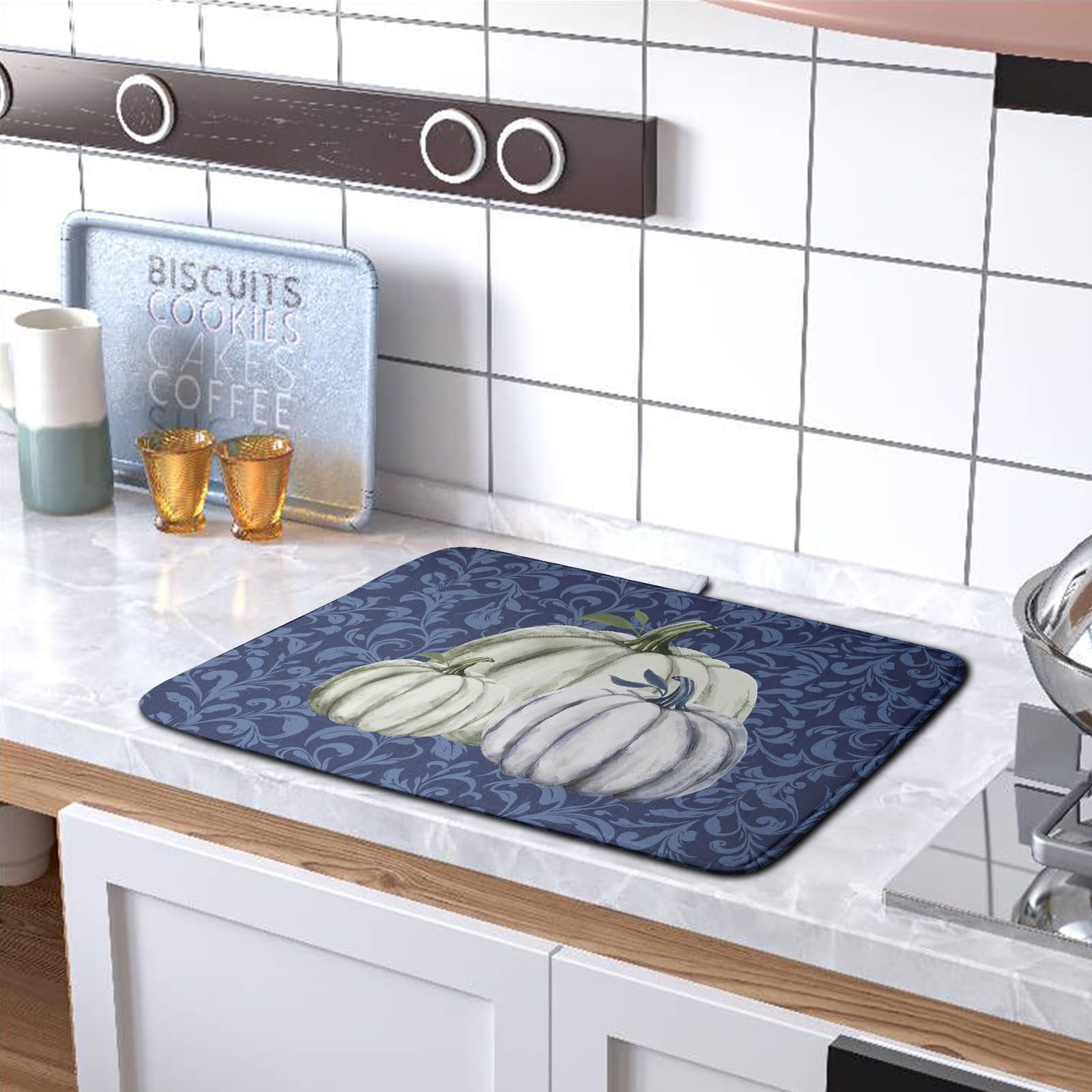 Kwlegh Autumn Dish Drying Mat Fall Navy Blue White Pumpkin Dish Pad for Kitchen Counter 18x24 Microfiber Absorbent Thanksgiving