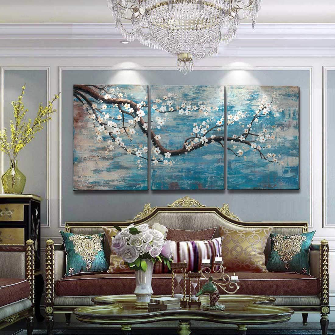 Extra Large Wall Art For Living Room 100% Hand-Painted Framed Decorative Floral Oil Painting Set Decorative Modern Blue Tree Art