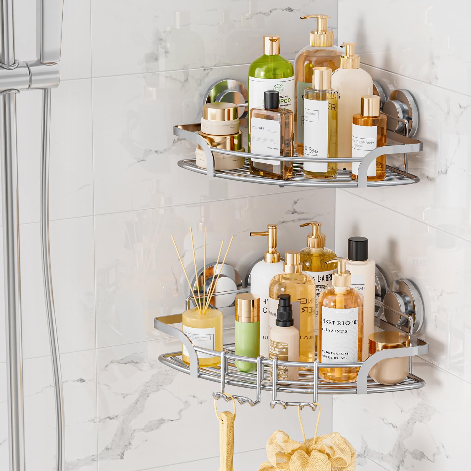 LEVERLOC 2 Pack Powerful Suction Cup Corner Shower Caddy, Stainless Steel Rustproof Shower Shelf with Hooks, Drill-Free Wall Mou