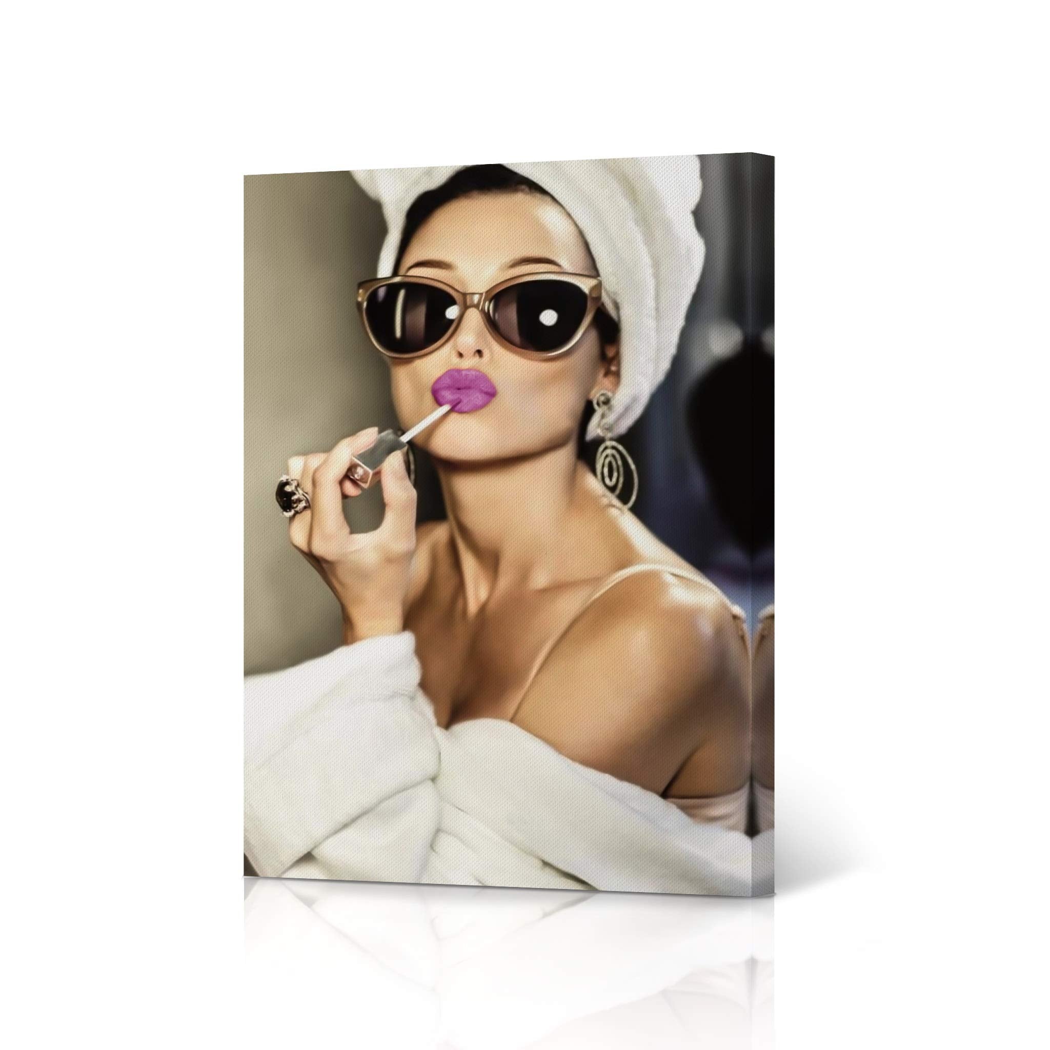 Hb Art Design Audrey Hepburn Style Wall Art Purple Lips Canvas Print Lipstick Makeup Iconic Pop Art Glam Fashion Colored Wall Ar