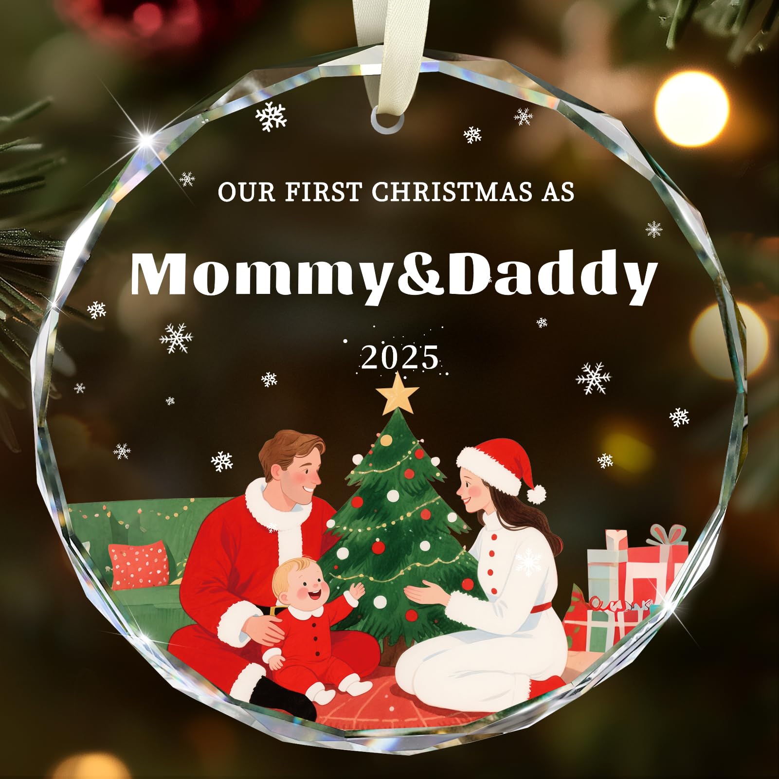 Family Christmas Ornaments 2025, Our First Christmas As Mommy and Daddy Ornament Crystal Glass Heartfelt Gift for First Time Mom