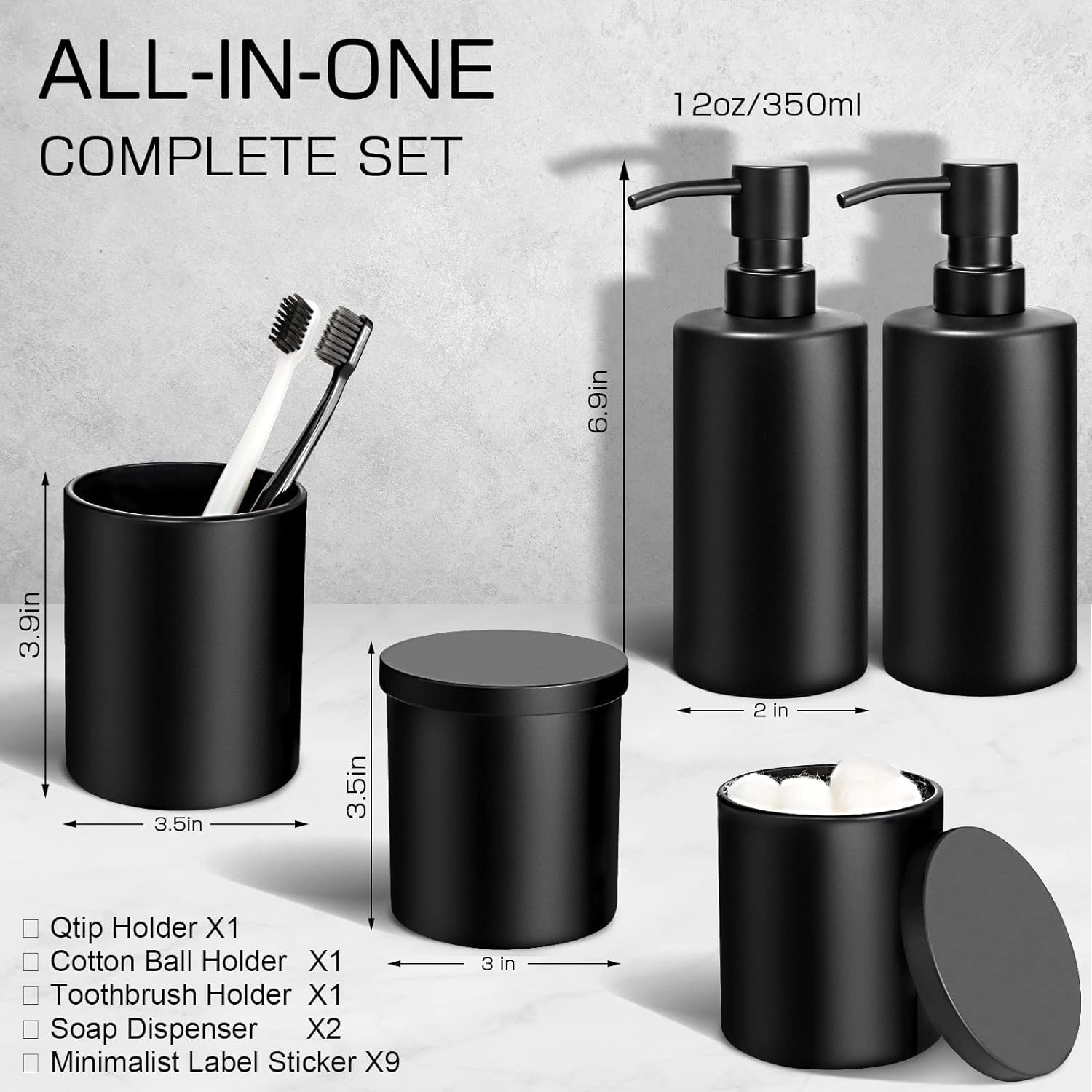 Alpiriral Matte Black Bathroom Accessories Set, 5 Pcs Bathroom Accessories Set, Glass Soap Dispenser And Toothbrush Holder Set,