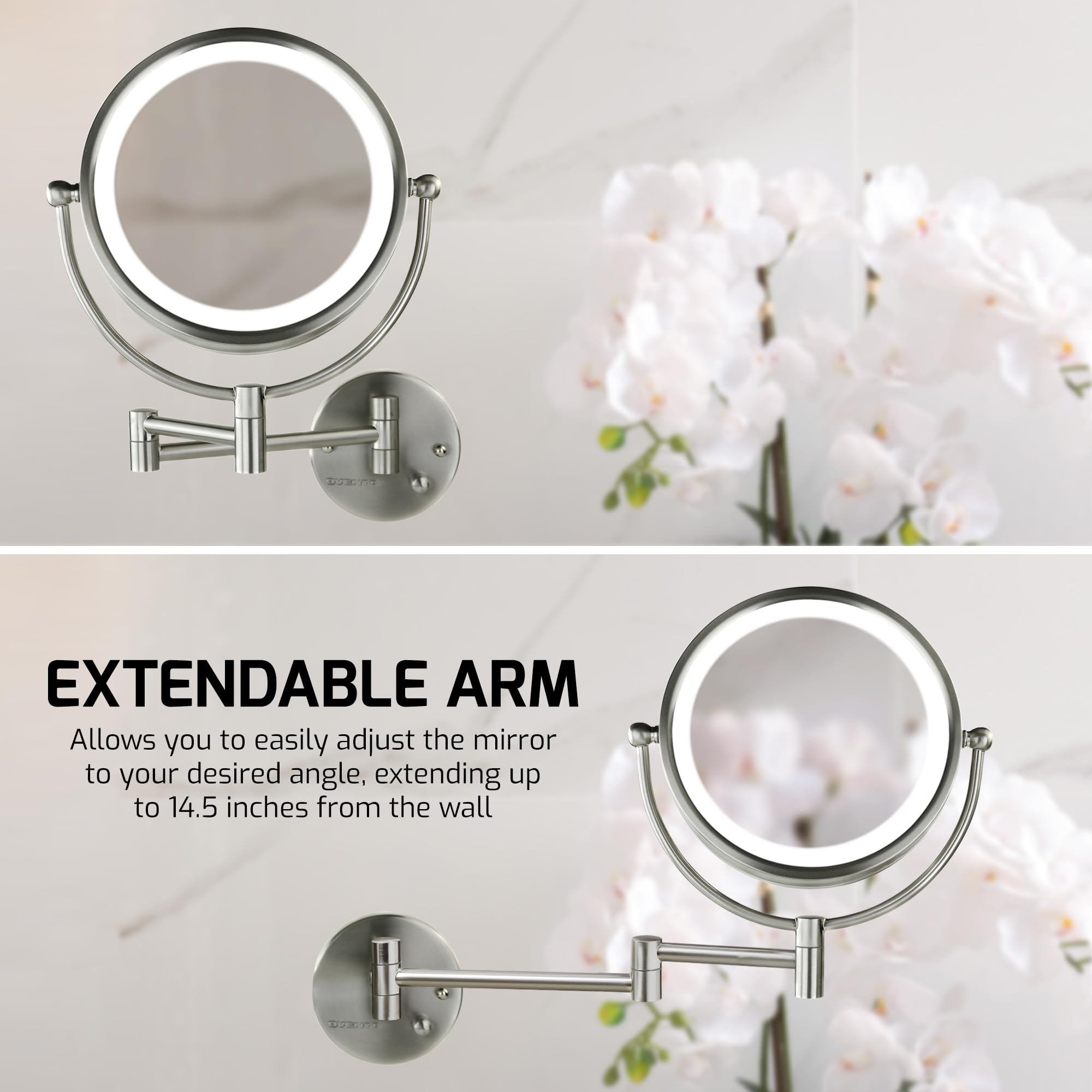 OVENTE 8.5'' Hardwired Lighted Wall Mount Makeup Mirror  1X & 7X Magnifier  Spinning Double Sided Round White LED  Dimmer Switch  Extend & Fold  Retractable Arm  Nickel Brushed MPWD3185BR1X7X