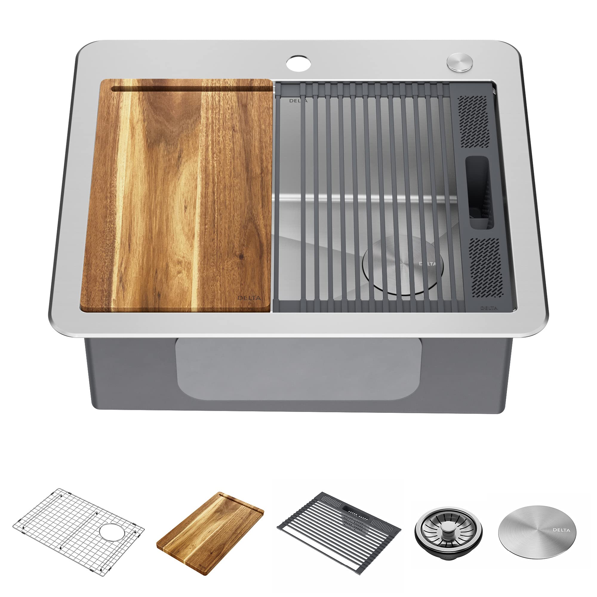 DELTA FAUCET 95A932-25S-SS Lorelai Workstation Kitchen Sink Drop-in Top Mount Stainless Steel Single Bowl with WorkFlow Ledge an