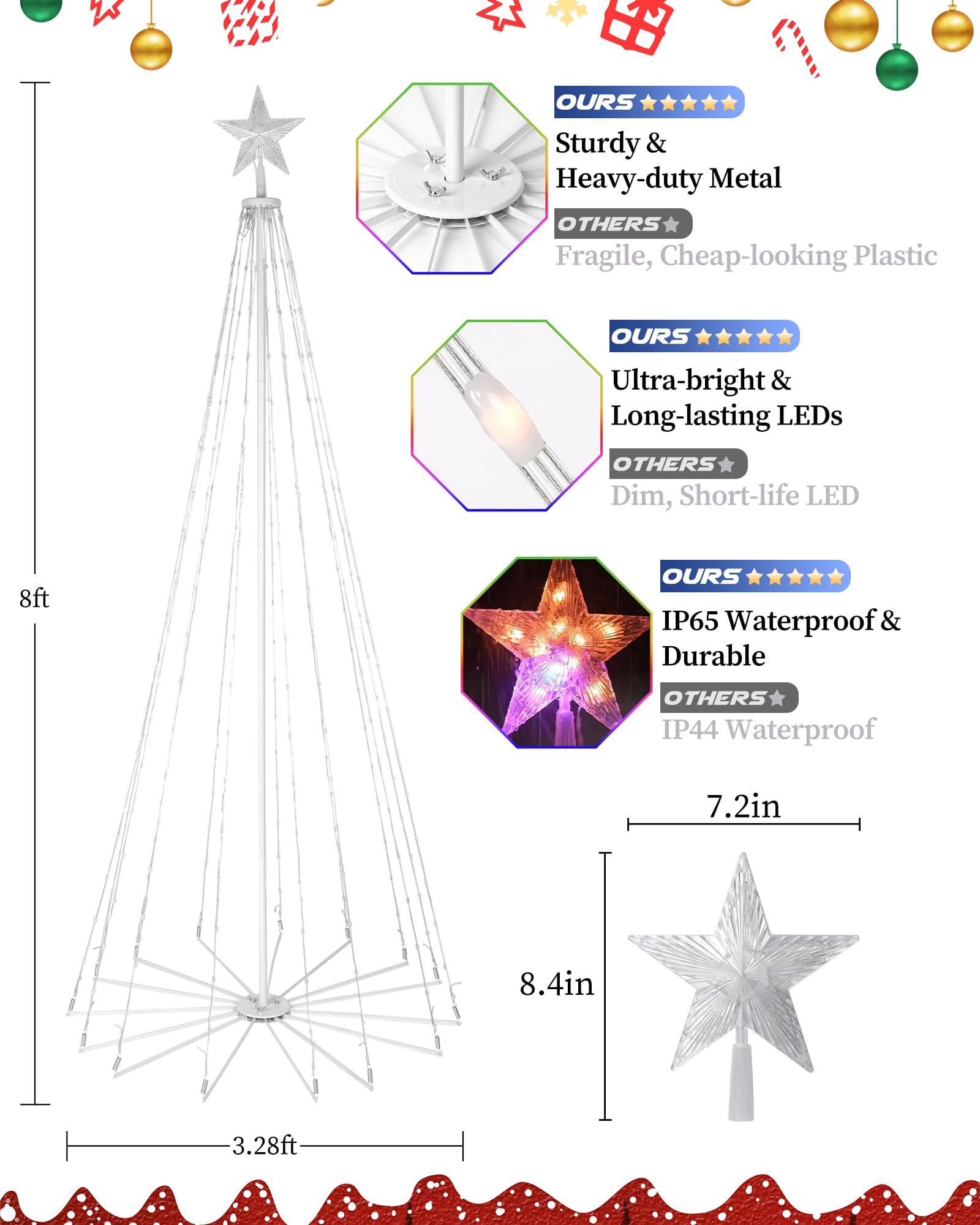 Brightever 8FT 355 LED Smart Cone Christmas Tree, Outdoor Prelit Christmas Tree with 16 Million DIY RGB LED Light Show, Remote A