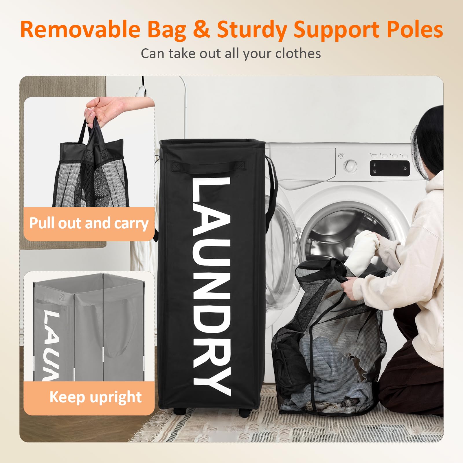 Optish 2 Pack 90L Rolling Laundry Basket With Wheels, 29 In Hamper With Wheels And Removable Mesh Bag, Black Laundry Baskets On