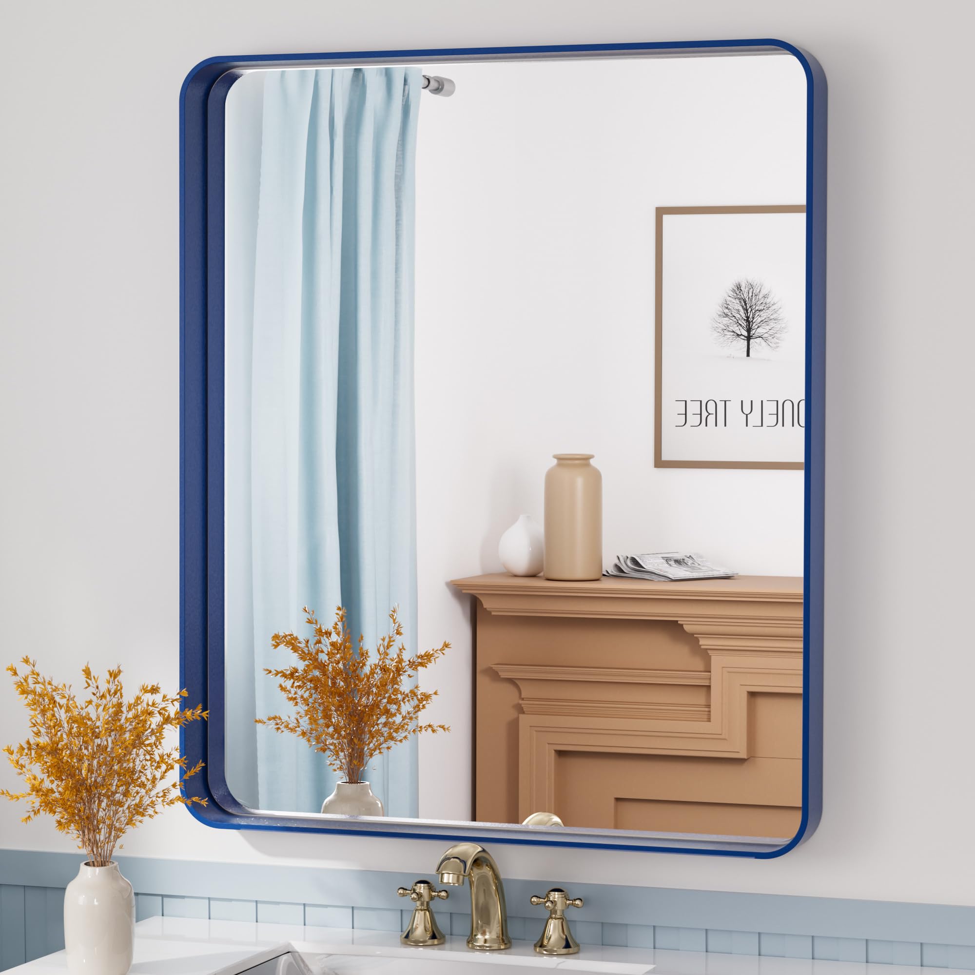 Tetote 30 X 36 Navy Blue Frame Mirror For Bathroom Metal Frame Wall Mounted Rectangle Mirror For Vanity With Sandy Textured Surf