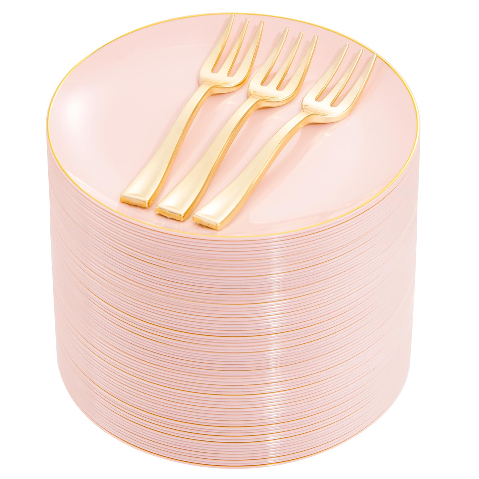 Festiva 200Pcs Pink Gold Cake Plates 6.3'' With Forks 5''- Disposable Salad Plates-Pink Dessert Plates-Appetizer Plastic Plates