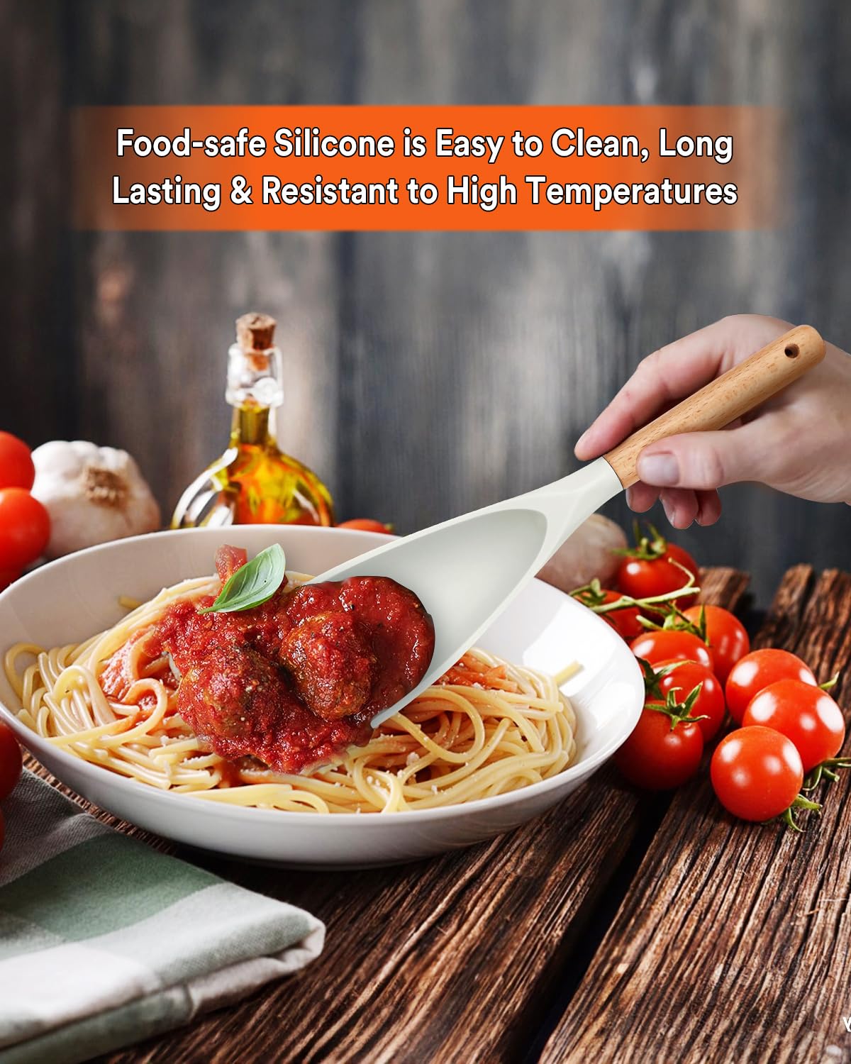 Cooking Spoon For Nonstick Cookwares, Great For Cooking And Serving Durable Bpa-Free Matte White Silicone, Wood Handle Spoon For