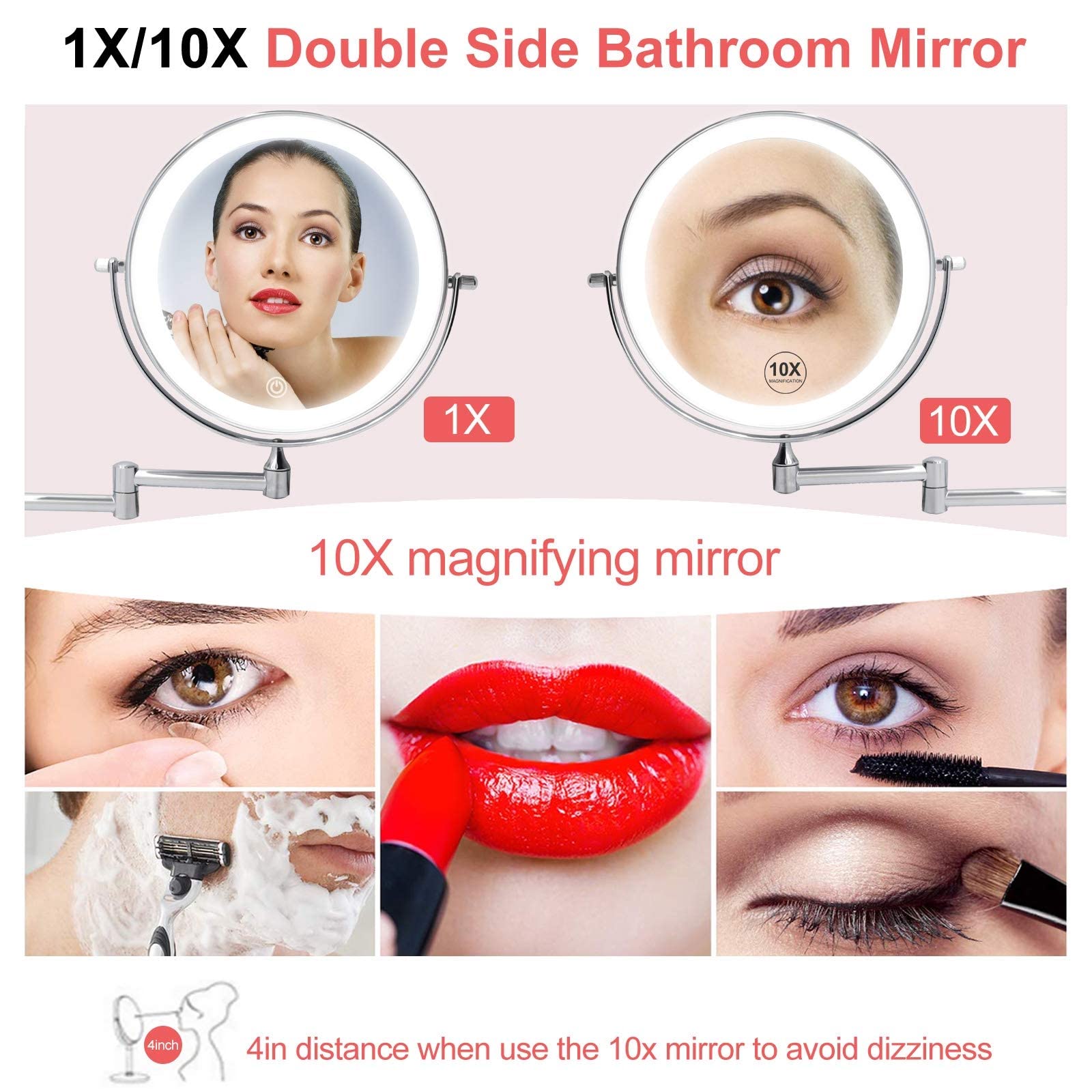 JMFHCD LED Makeup Mirror with Lights and 10x Magnification Vanity Mirror Wall Mounted Round Double Sided Vanity Magnifying with