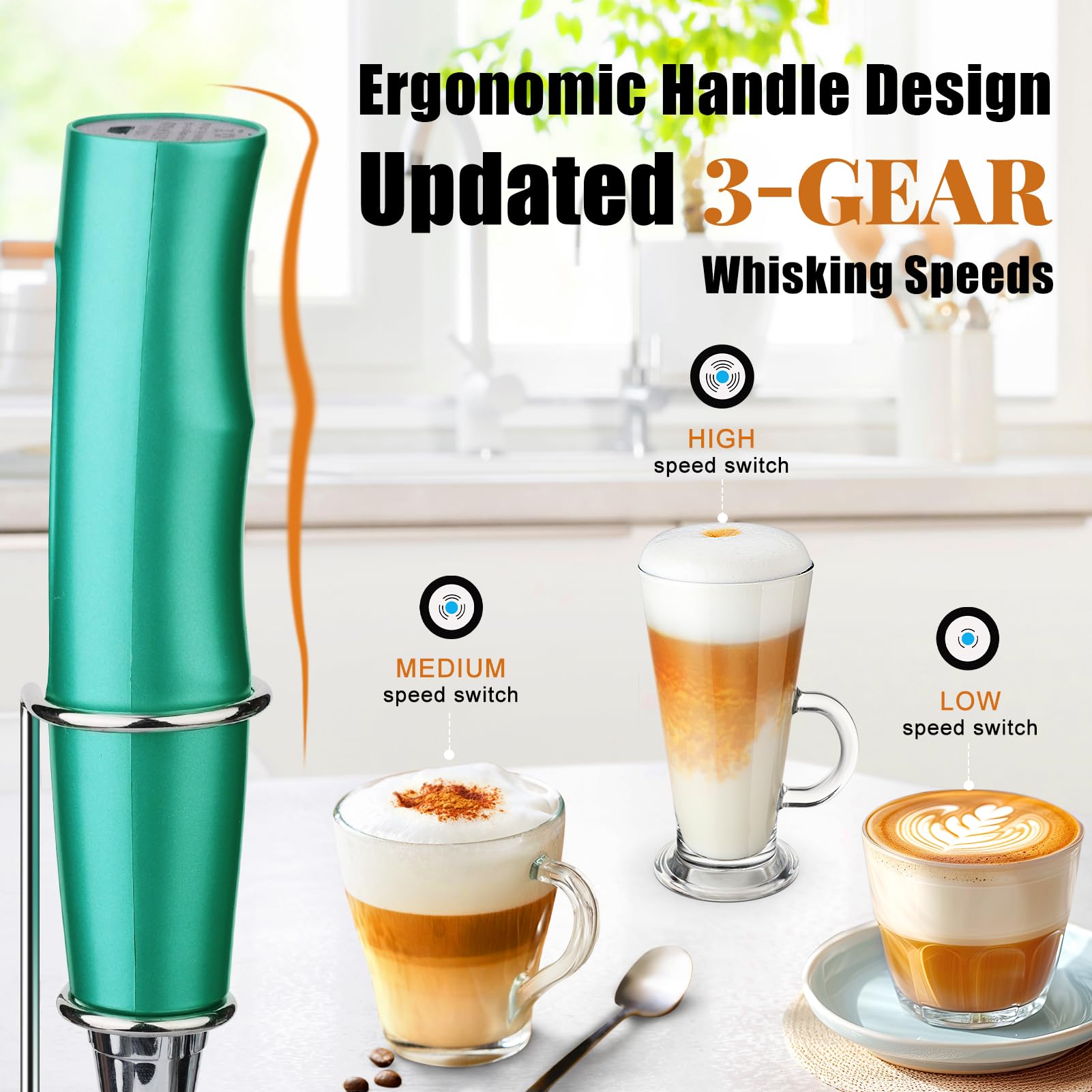 Nahida Turquoise Milk Frother Wand For Coffee Frother Handheld With Stand Electric Whisk With 3 Heads 3 Speeds Drink Mixer Coffe
