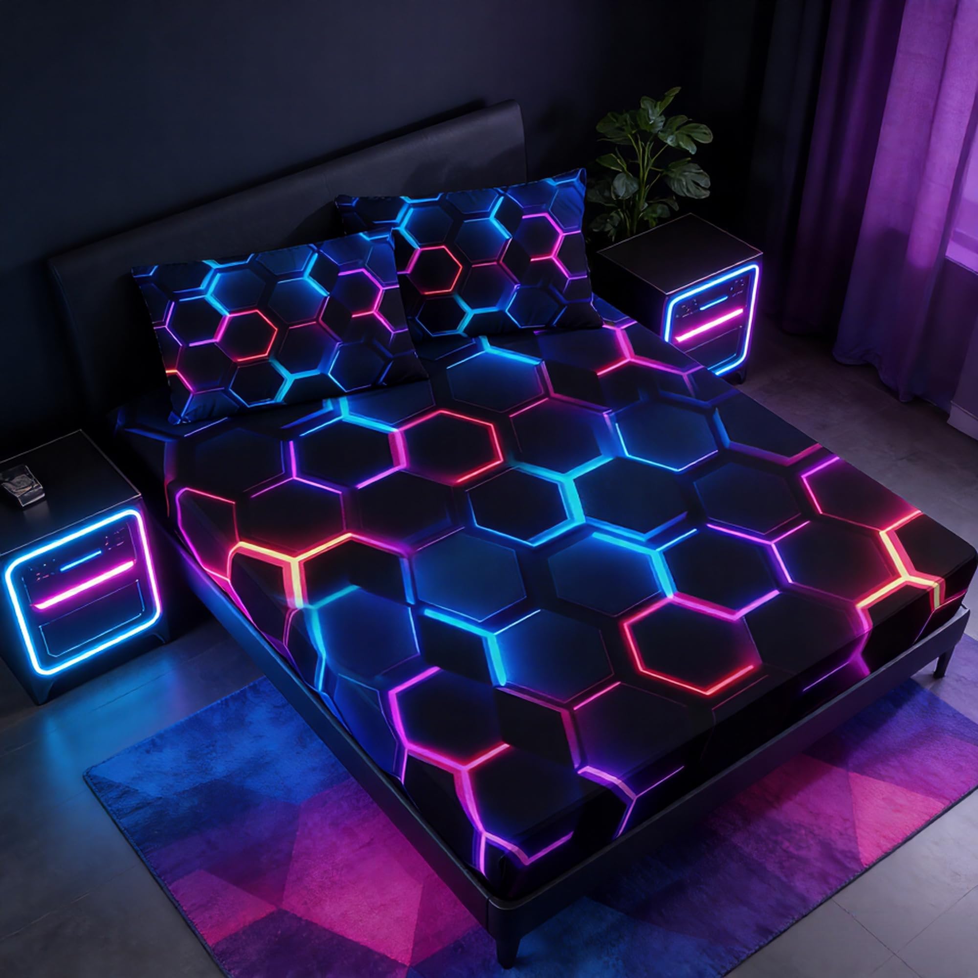 Uevbf Hexagon Geometric Honeycomb Bedding Fitted Sheet Sets,Blue Neon Gamer Fitted Sheet Sets For Kids Room Decor,Twin Size Bedd