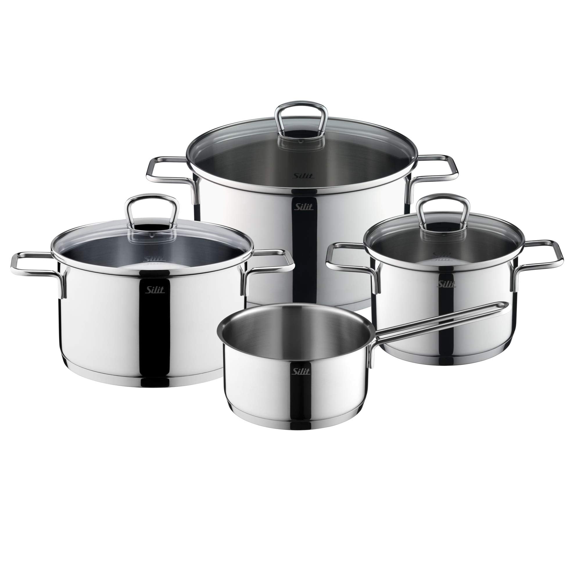Silit Alicante 4Piece Induction Saucepan Set with Glass Lid, Polished Stainless Steel, Induction Pots Set, Uncoated