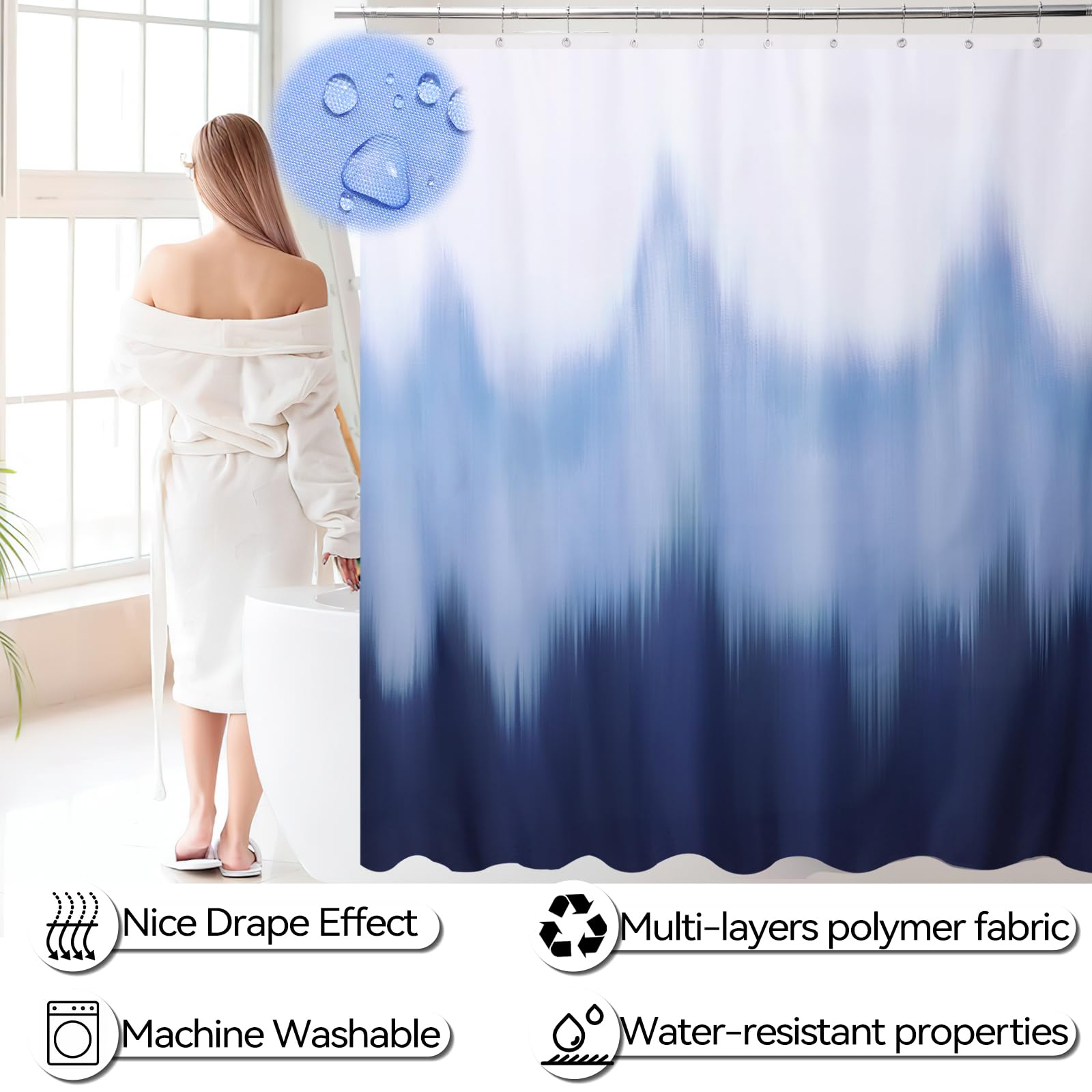 Imucci Bathroom Accessories Navy Blue Bathroom Sets With Shower Curtain And Rug, Navy Blue Ombre Waterproof Shower Curtain With