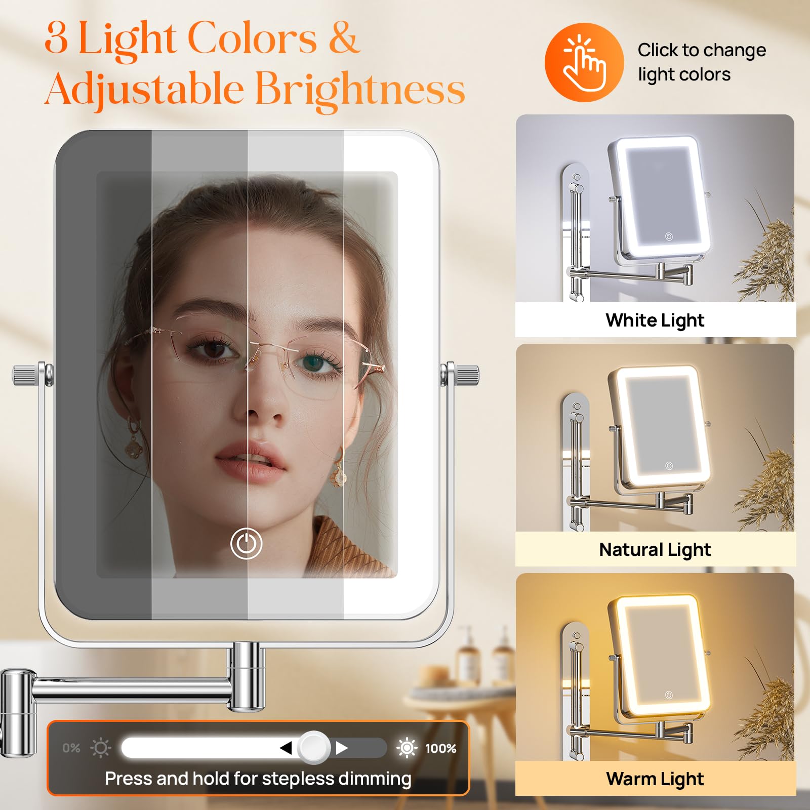 Gospire Height Adjustable Wall Mounted Lighted Makeup Mirror With Hooks, 3000Mah Rechargeable With 1X/10X Magnification, 3 Light