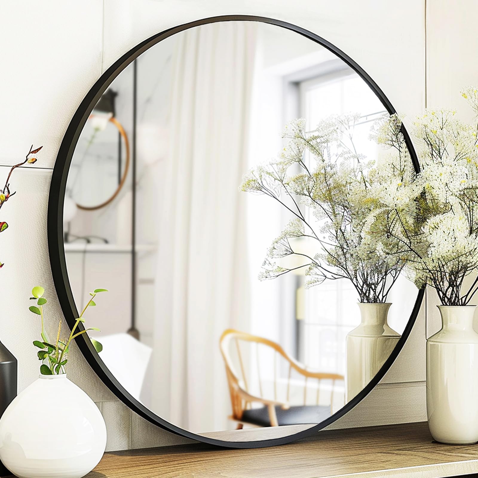 Sunniry Black Round Mirror, Round Mirror 24 inch, Black Circle Mirror Metal Frame, Round Wall Mounted Mirrors for Living room, B