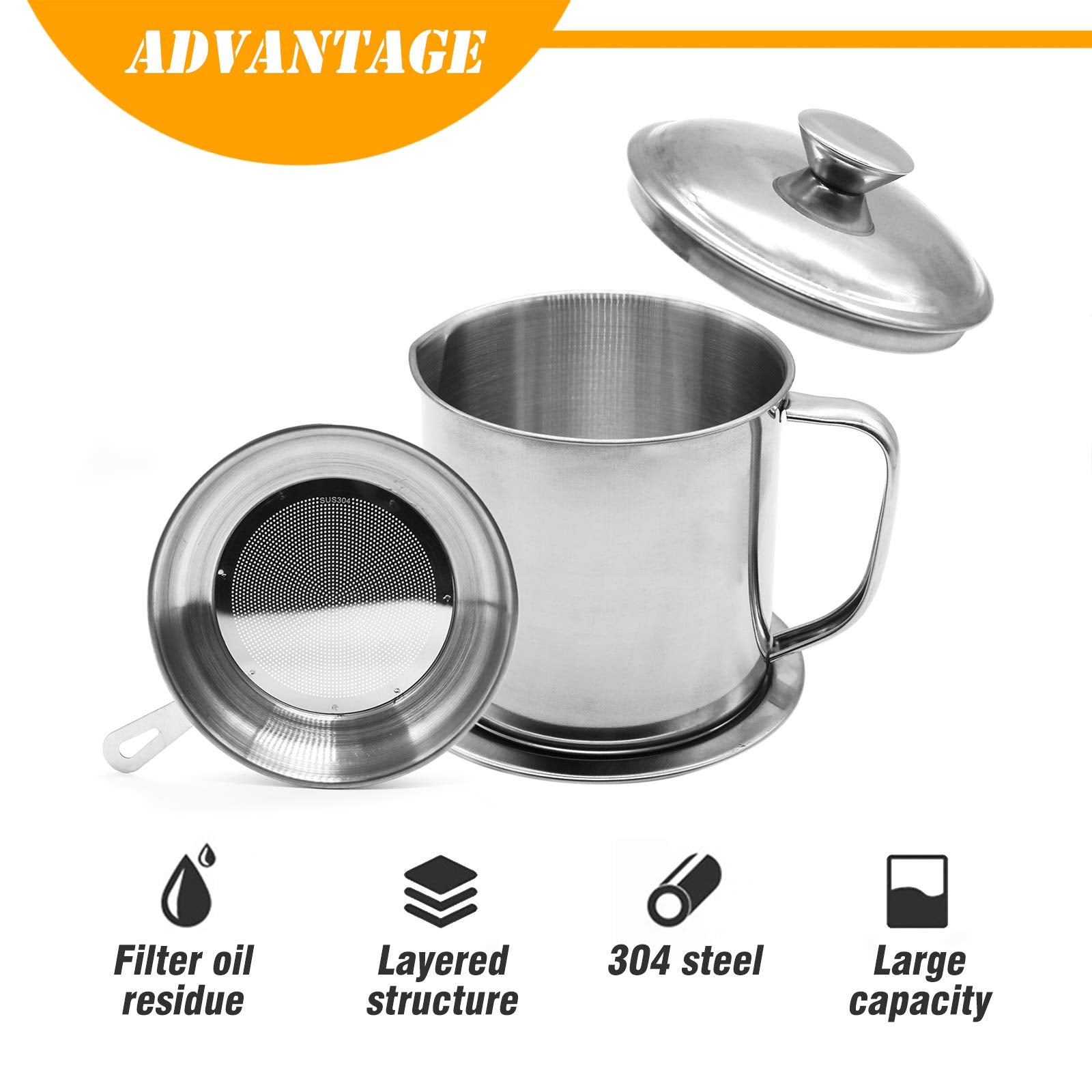 GOLF Stainless Steel Bacon Grease Container with Strainer & Anti-Slip Coaster Tray - Silver