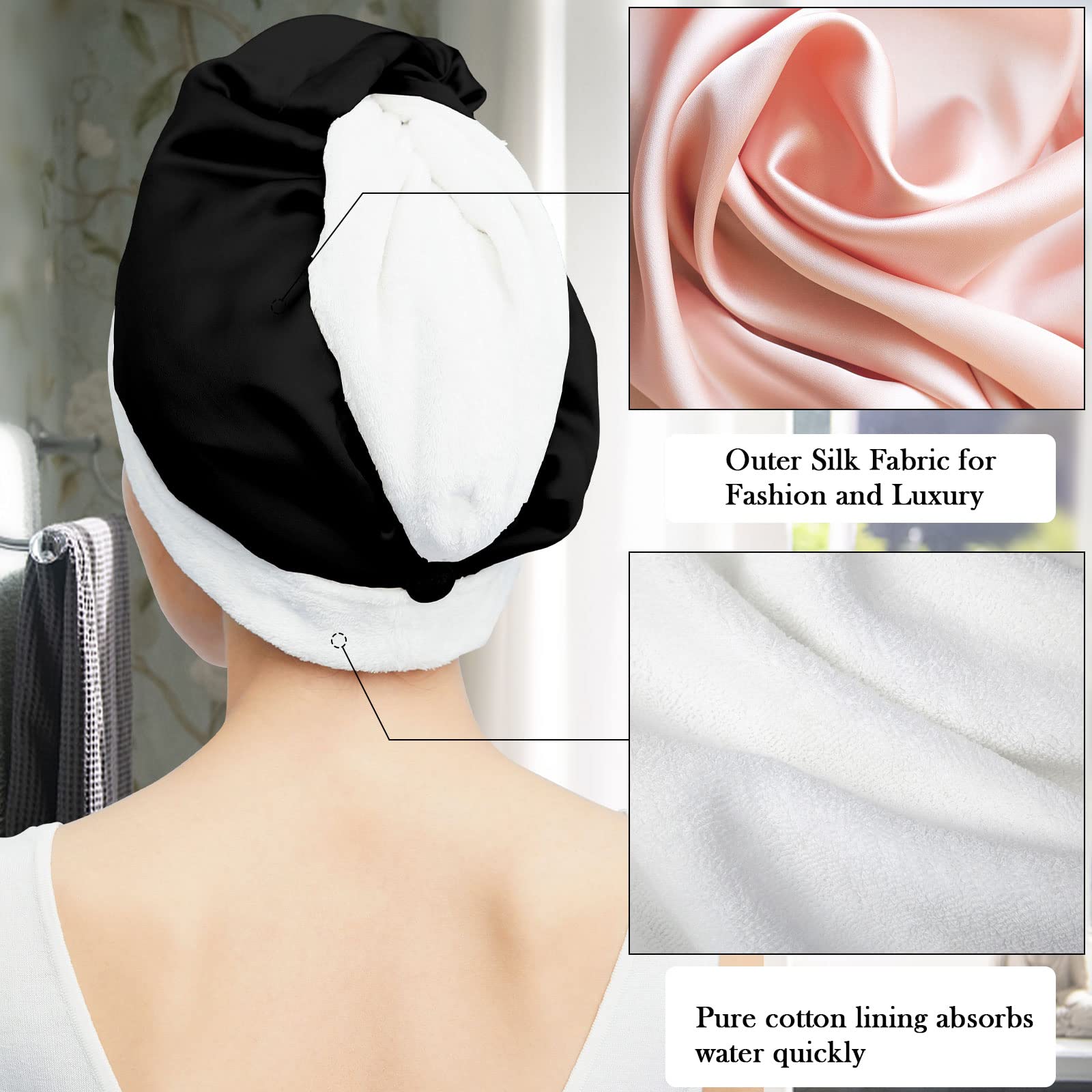 DAISYSILK Drying Hair Twist Head Towels,Silk Hair Towel Wrapped Cotton Inner- Fast Dry Curly/Long Hair Wraps for Women Wet Hair