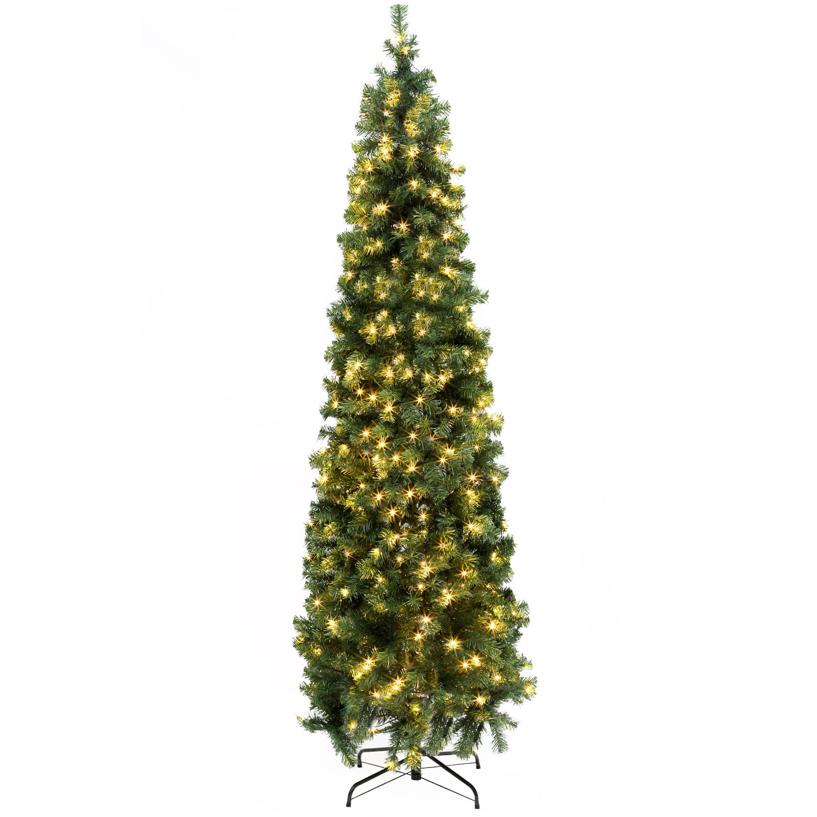 okicoler 4.5ft Pre-lit Pencil Christmas Tree Fir Hinged Slim Corner Xmas Tree Holiday Decoration with 250 Incandescent Warm Whit