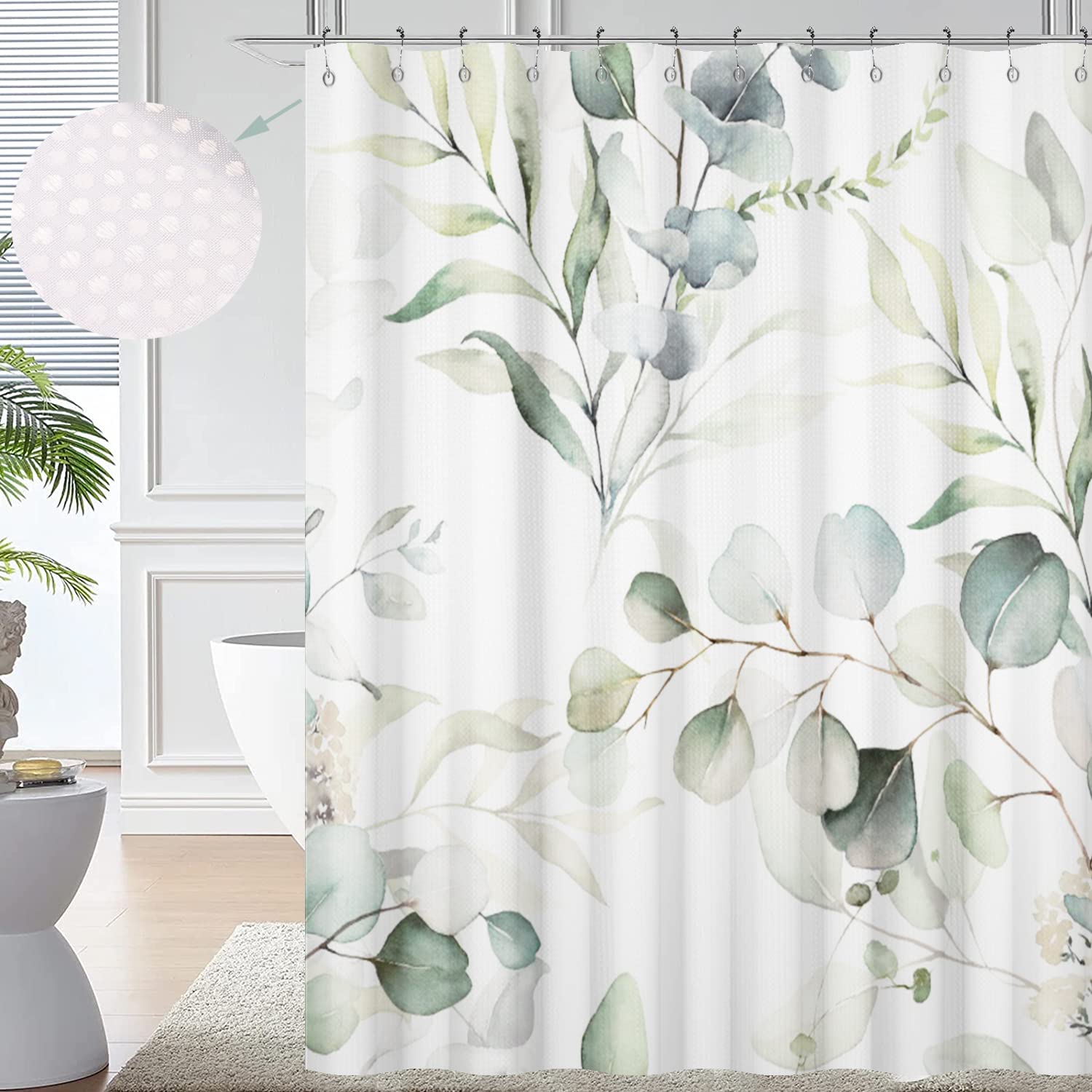 Gcirec Eucalyptus Leaf Waffle Shower Curtains, Weighted Bottom Sage Green Spring Watercolor Botanical Plants Textured Fabric Bat
