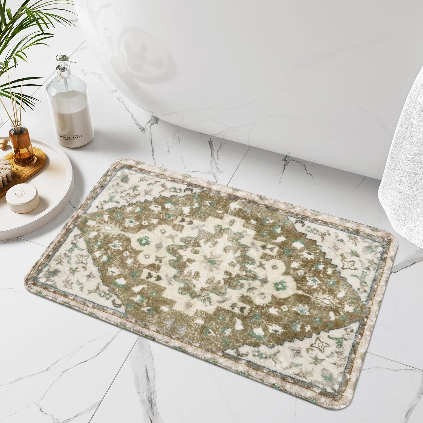 Uphome Retro Bath Mat Khaki Non-Slip Soft Bathroom Rug Boho Farmhouse Machine Washable Bathroom Mats Traditional Oriental Tribal