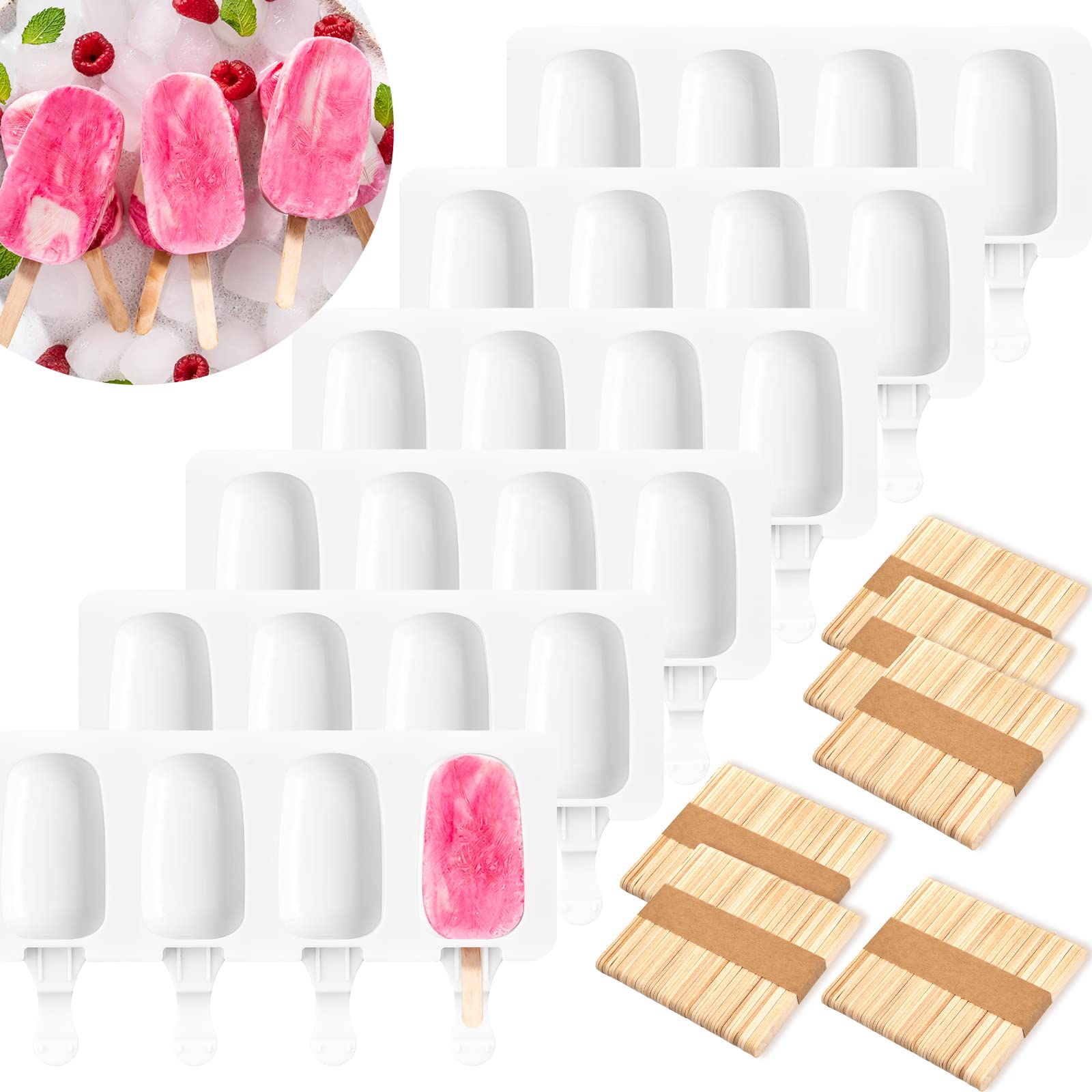6 Set Silicone Popsicle Molds Ice Cream Mould 4 Cavity Ice Lolly Mold White Oval Cake Pop Mold With 300 Pieces Wooden Sticks For
