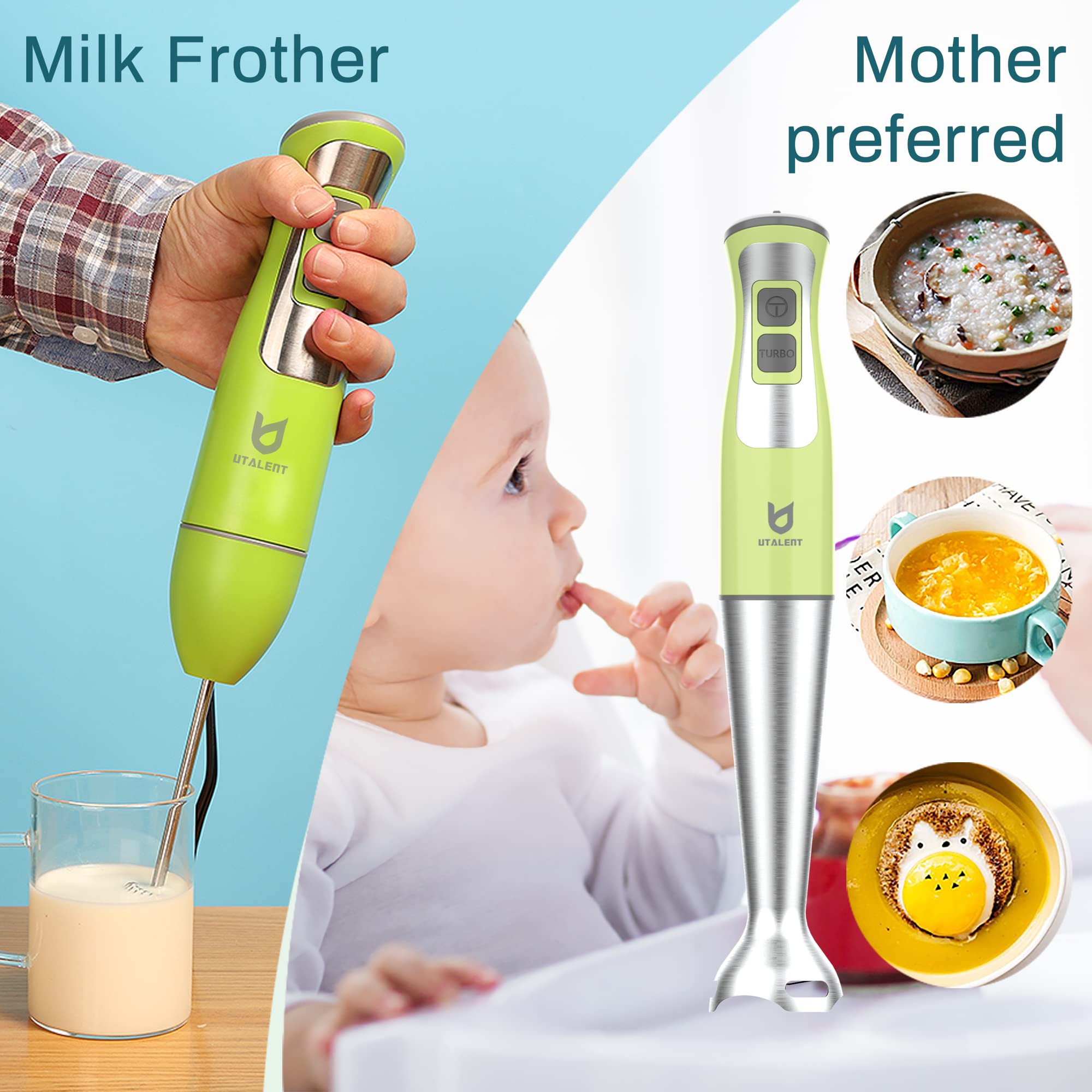 Immersion Hand Blender  UTALENT 3-in-1 8-Speed Stick Blender with Milk Frother  Egg Whisk for Coffee Milk Foam  Puree Baby Food  Smoothies  Sauces and Soups - Green